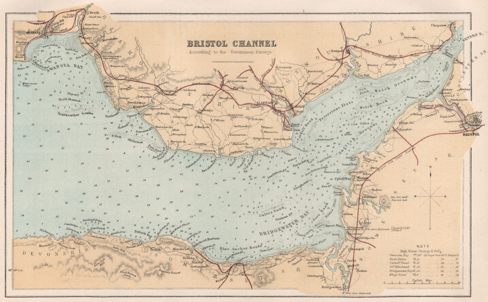BRISTOL CHANNEL sea chart per Government Surveys. Railways. BARTHOLOMEW 1886 map