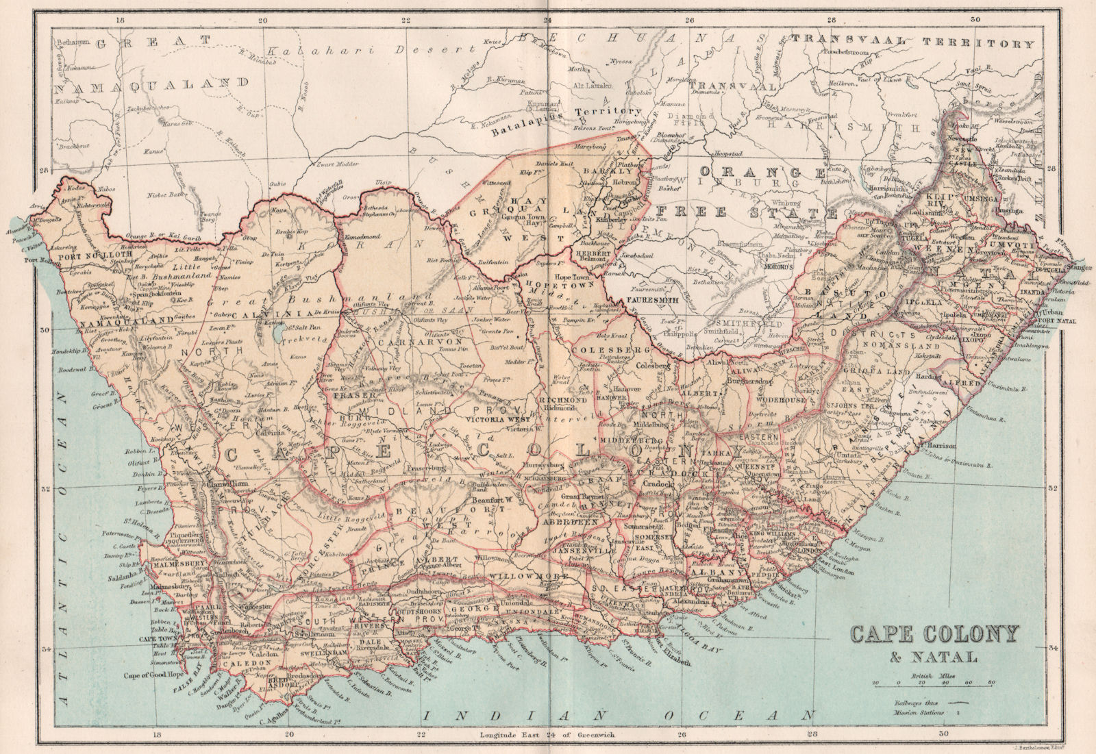 Cape Colony & Natal. South Africa. BARTHOLOMEW 1886 old antique map plan chart