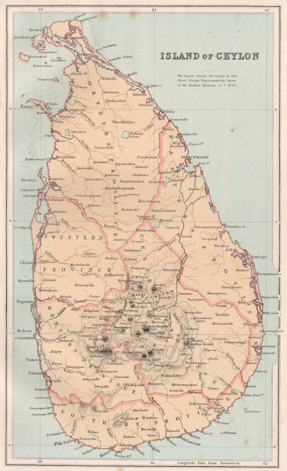 Island of Ceylon. Sri Lanka. Provinces. BARTHOLOMEW 1886 old antique map chart