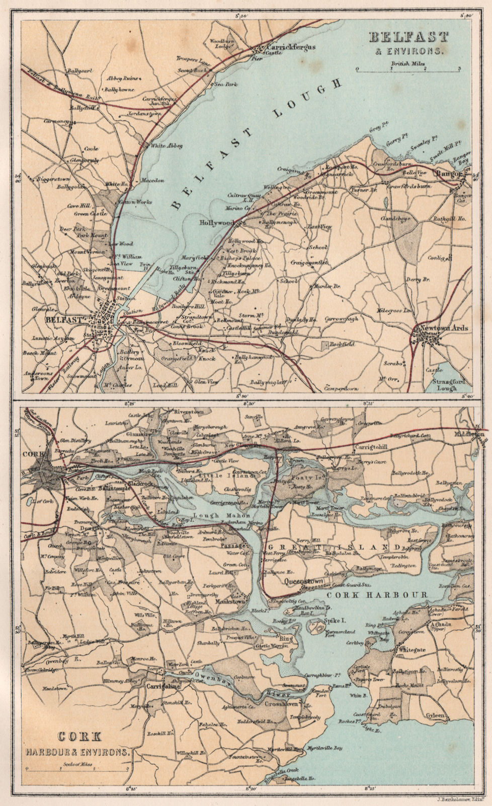 Associate Product Belfast Lough & Eevirons. Cork harbour & Environs. Ireland. BARTHOLOMEW 1886 map