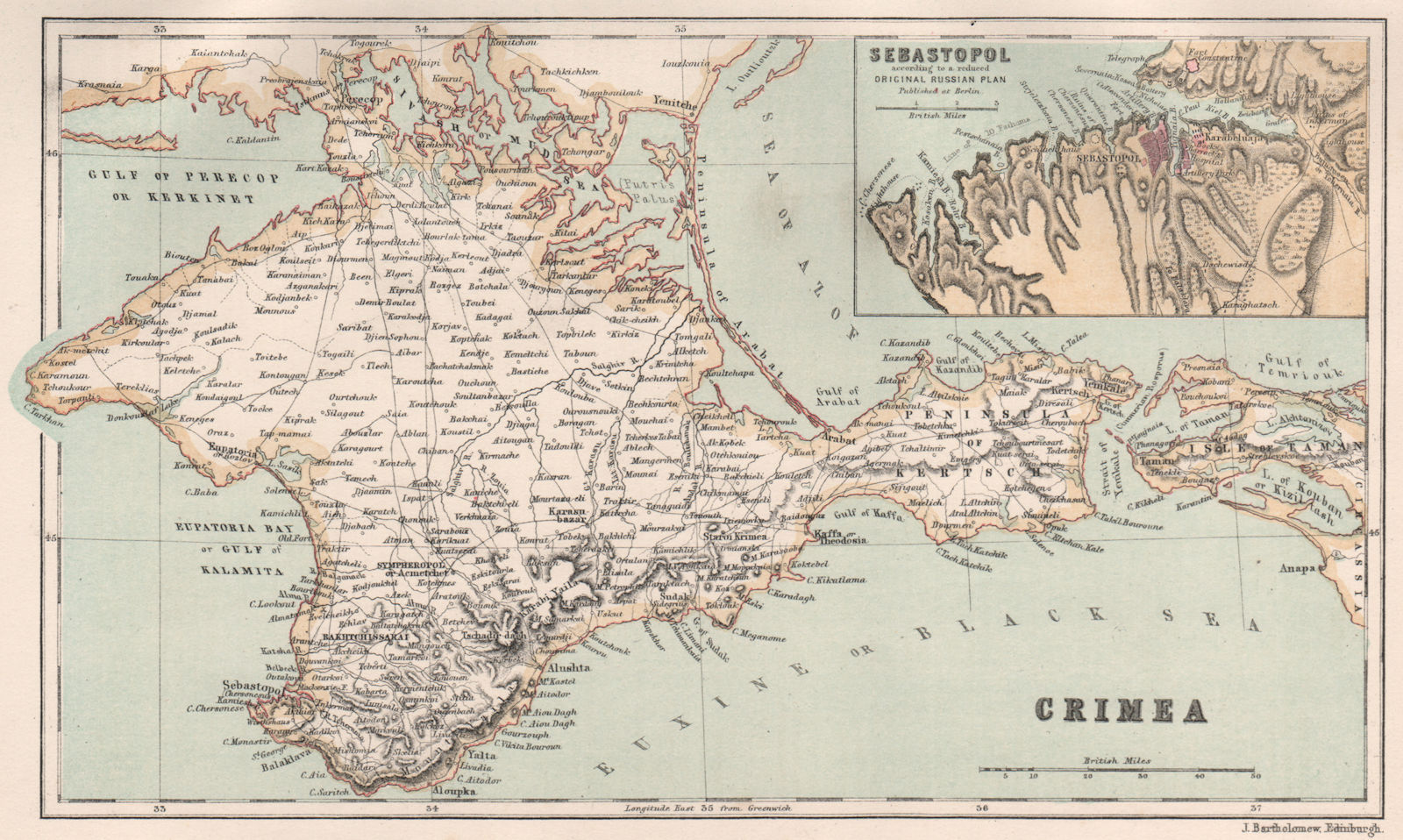 Crimea. Inset Sevastopol Sebastopol. Ukraine/Russia. BARTHOLOMEW 1886 old map