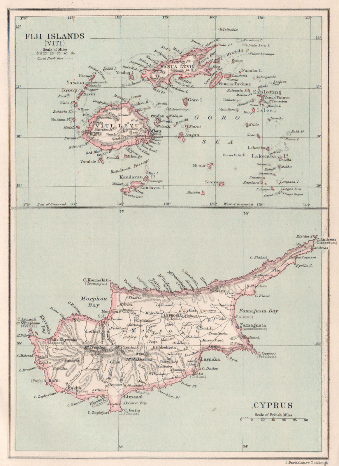 FIJI & CYPRUS. Viti Levu. Vanua Levu. Exploring Isles. BARTHOLOMEW 1886 map