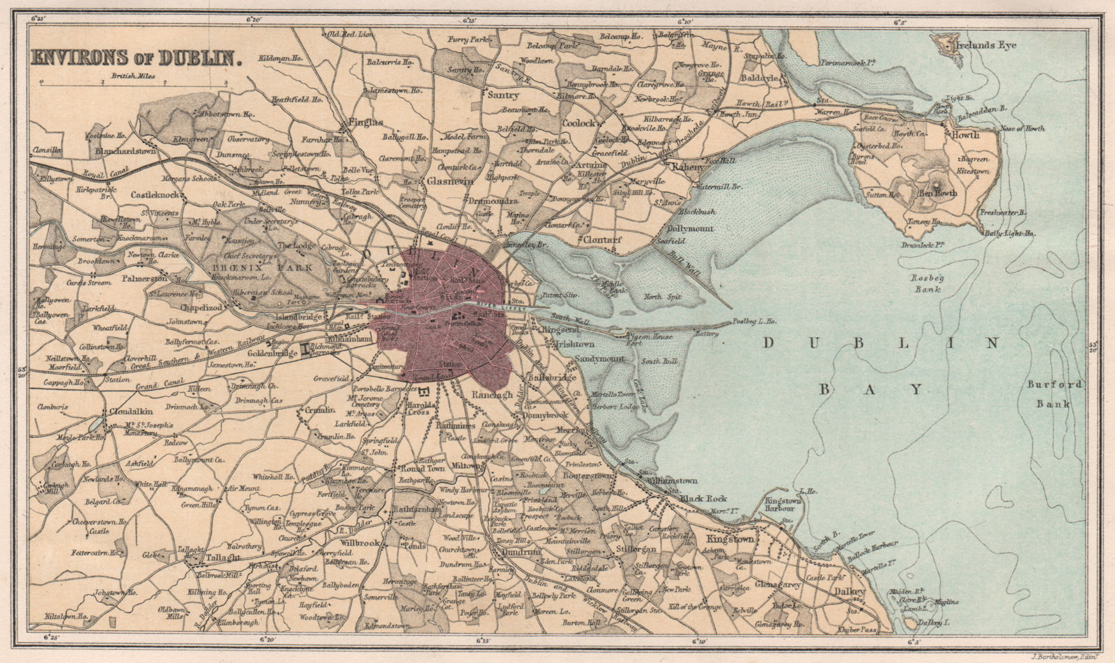 DUBLIN environs. Dublin bay. Ireland. BARTHOLOMEW 1886 old antique map chart