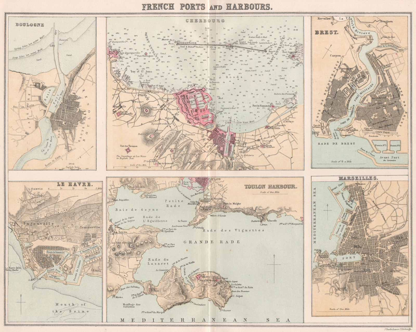Associate Product FRENCH PORTS. Boulogne Cherbourg Brest Le Havre Toulon Marseilles 1886 old map