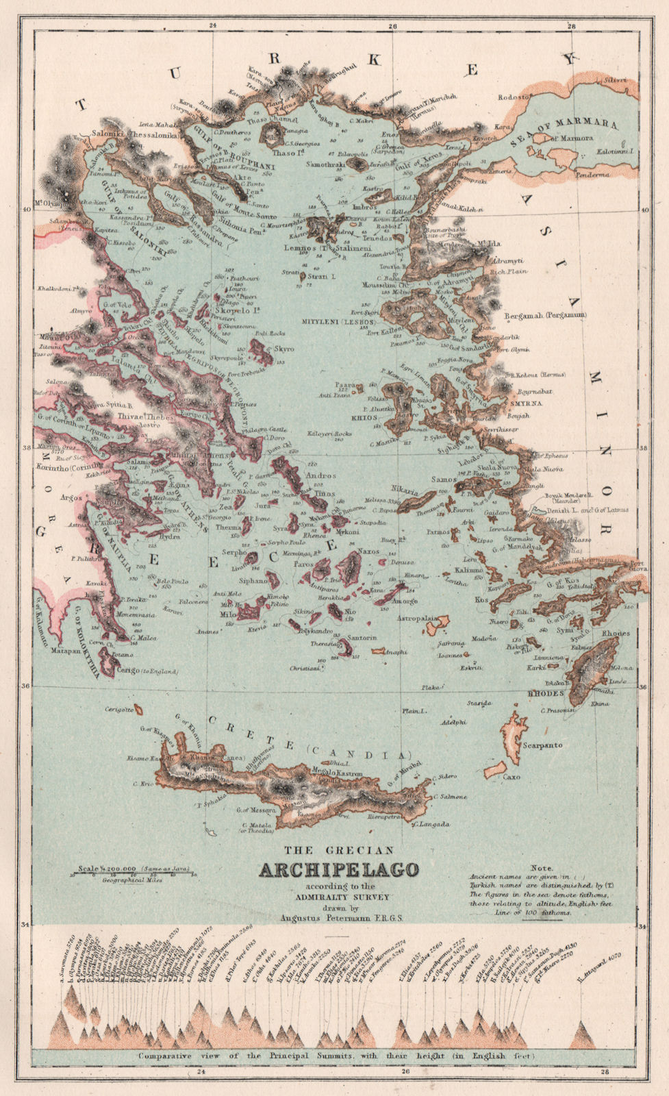 AEGEAN. Greek archipelago. Mountain heights. BARTHOLOMEW 1886 old antique map