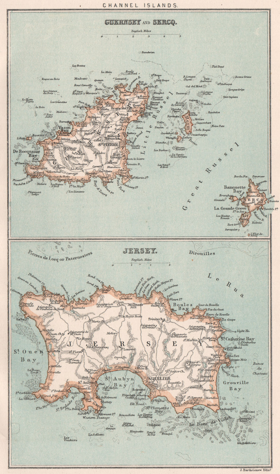 CHANNEL ISLANDS. Guernsey and Sark. Jersey. BARTHOLOMEW 1886 old antique map