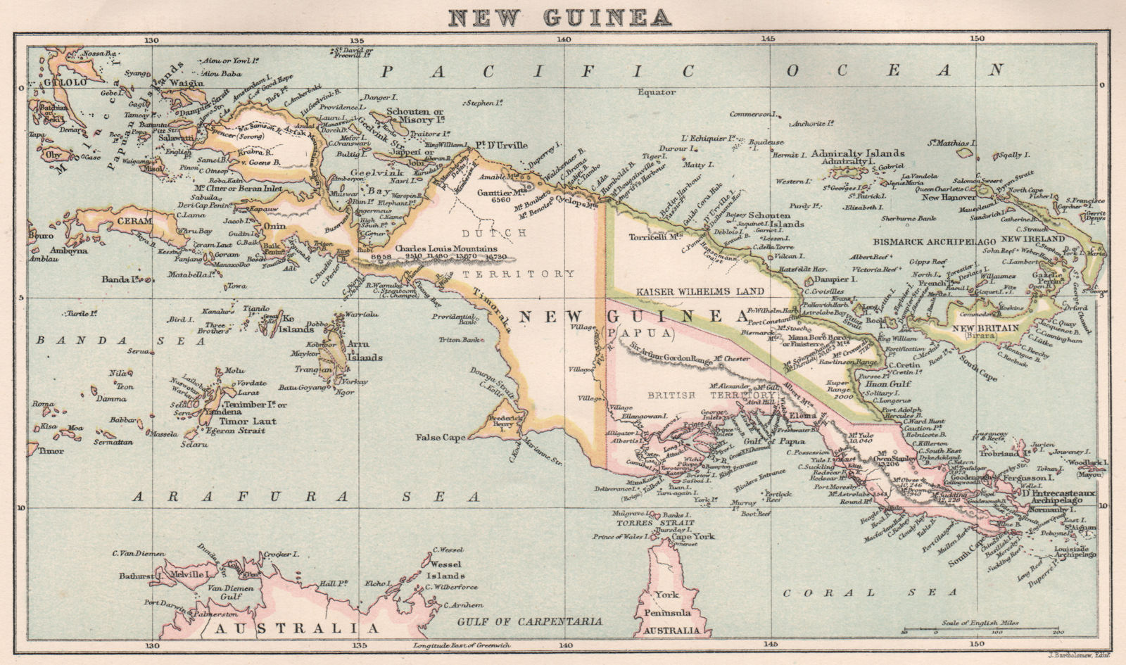 NEW GUINEA. British Dutch German. Kaiser Wilhelm's Land. BARTHOLOMEW 1886 map