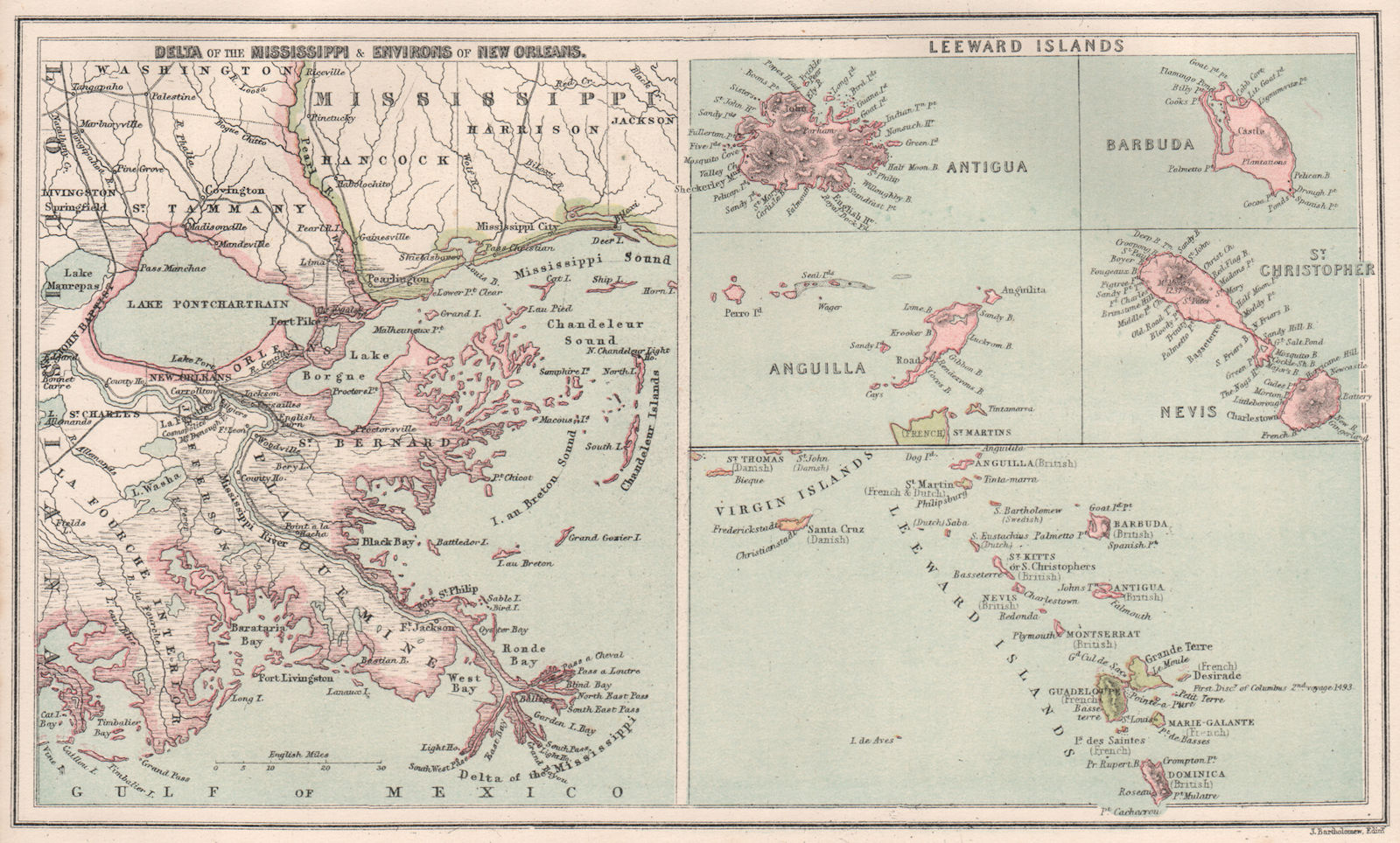 MISSISSIPPI DELTA & LEEWARD ISLANDS Antigua Barbuda Anguilla St Kitts 1886 map