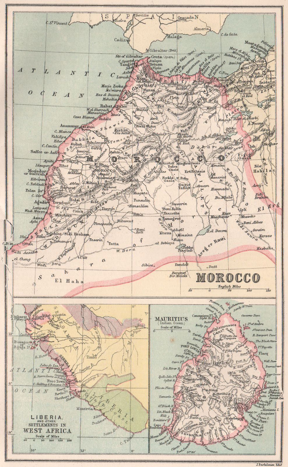 Associate Product MOROCCO LIBERIA & MAURITIUS. Sierra Leone. BARTHOLOMEW 1886 old antique map