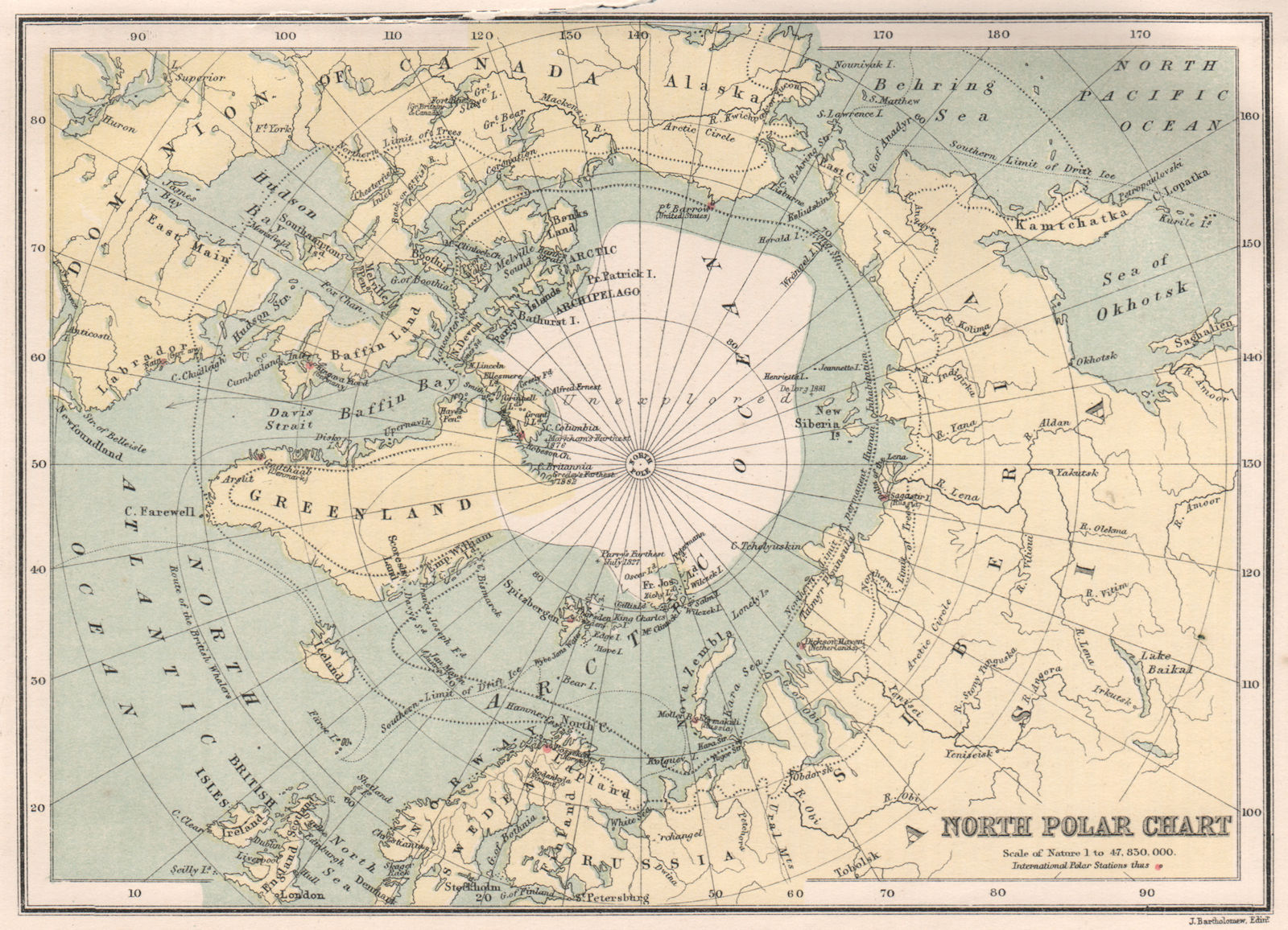 ARCTIC NORTH POLE. North Polar chart. Ice cap. Explorers. BARTHOLOMEW 1886 map