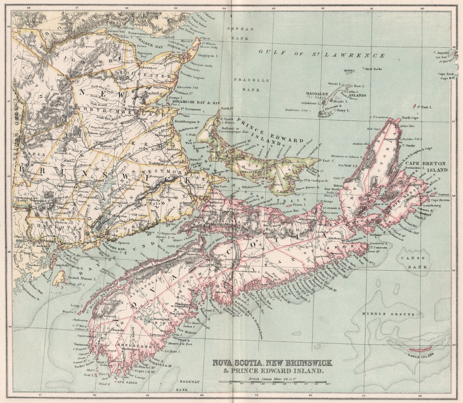 Associate Product Nova Scotia, New Brunswick & Prince Edward Island. Canada. BARTHOLOMEW 1886 map