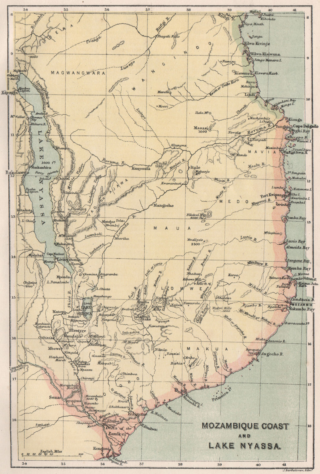 Mozambique Coast & Lake Malawi. Lake Nyasa. Tanzania. BARTHOLOMEW 1886 old map
