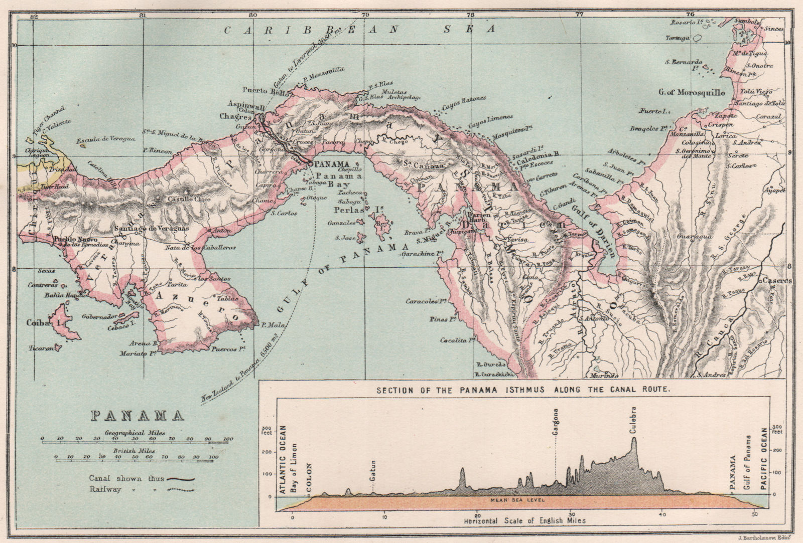 PANAMA. Cross section of Panama Isthmus along the Canal route 1886 old map