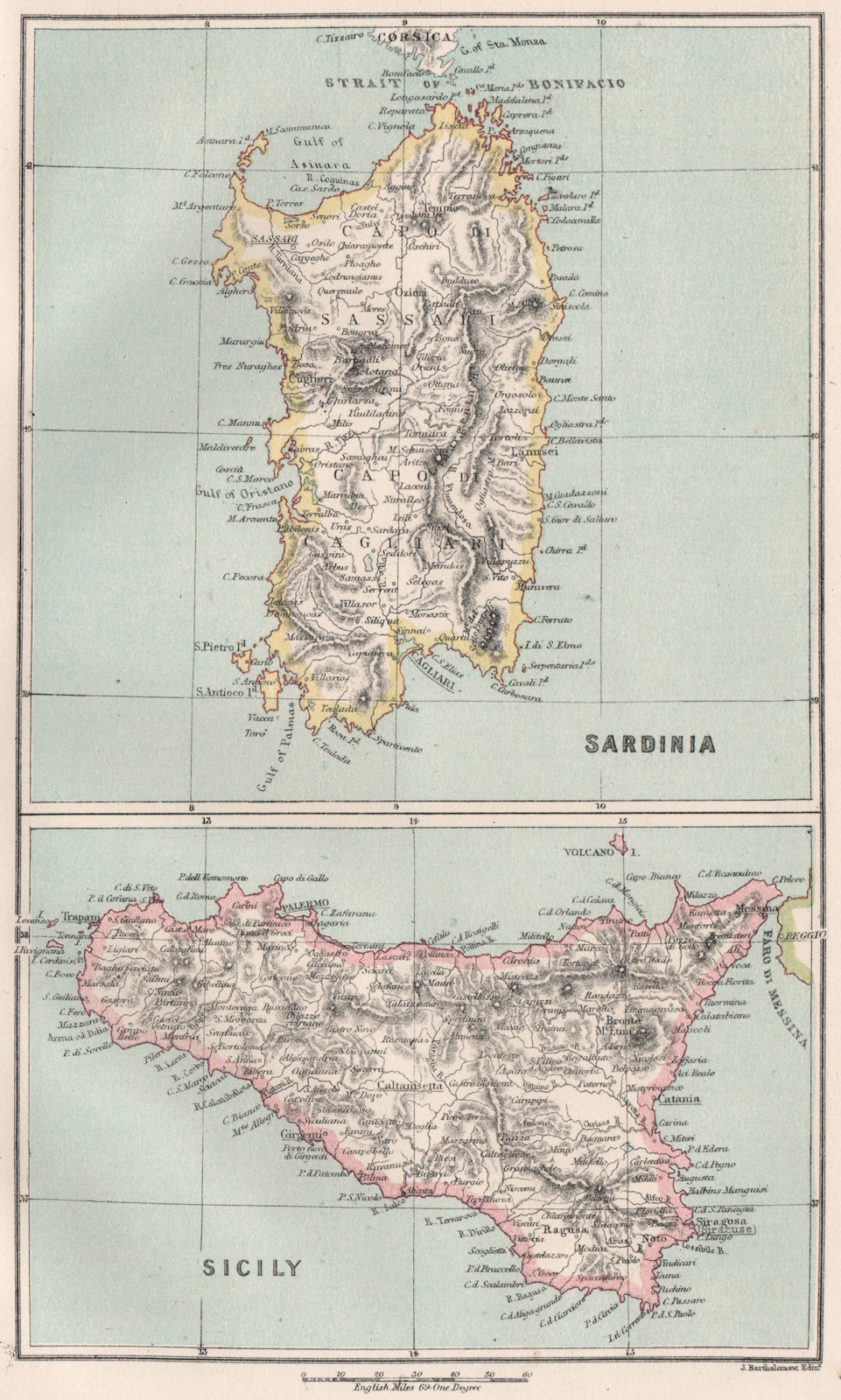 Sardinia & Sicily. Sardegna Sicilia. Italy. BARTHOLOMEW 1886 old antique map