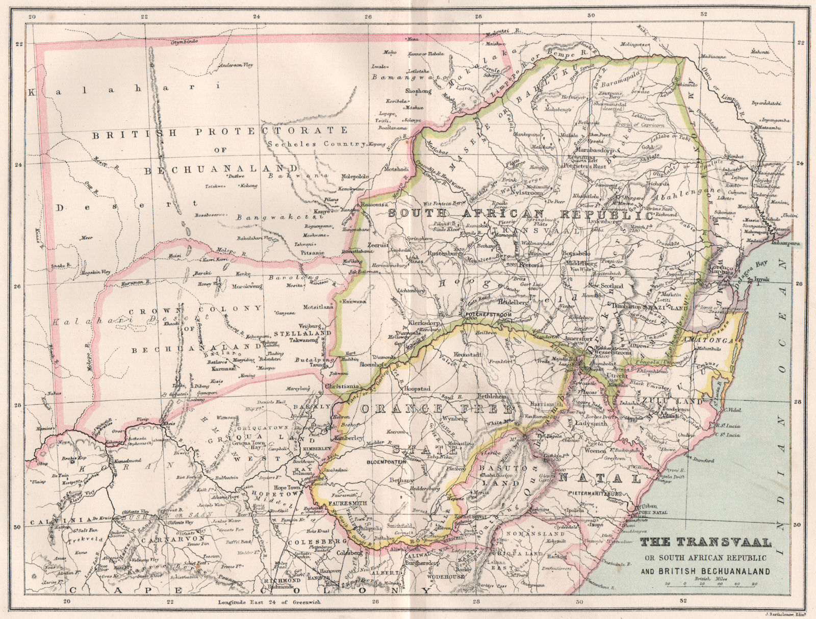 Transvaal or South African Republic & British Bechuanaland (Botswana) 1886 map