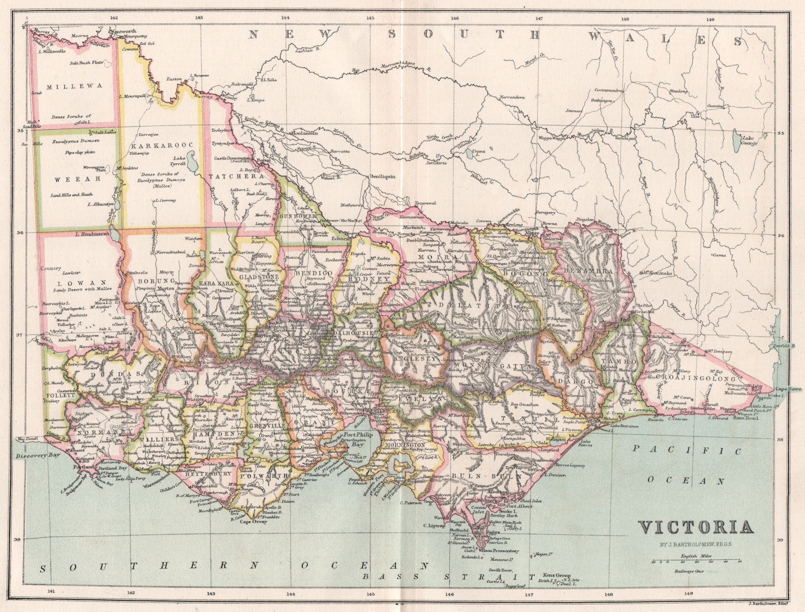 Associate Product Victoria, Australia. State map showing counties. BARTHOLOMEW 1886 old