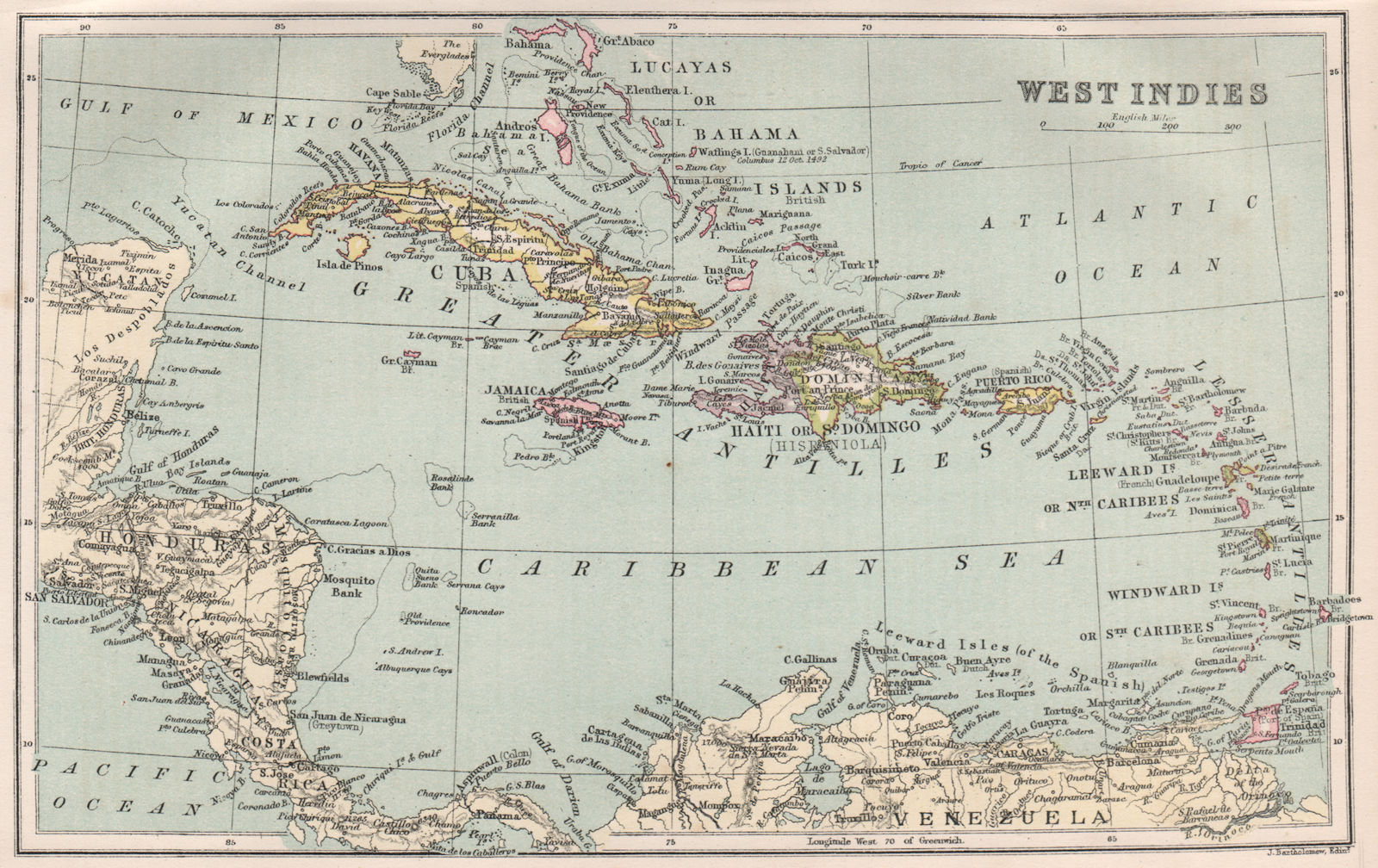 Associate Product West Indies. Haiti/Dominican Republic borders differ. BARTHOLOMEW 1886 old map
