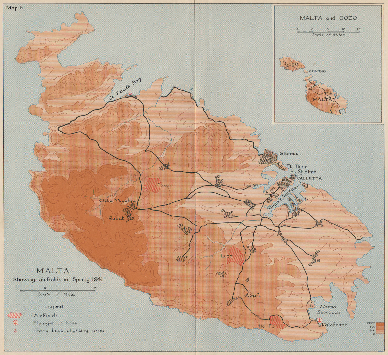 SIEGE OF MALTA. Malta showing airfields in spring 1941. World War 2 1956 map
