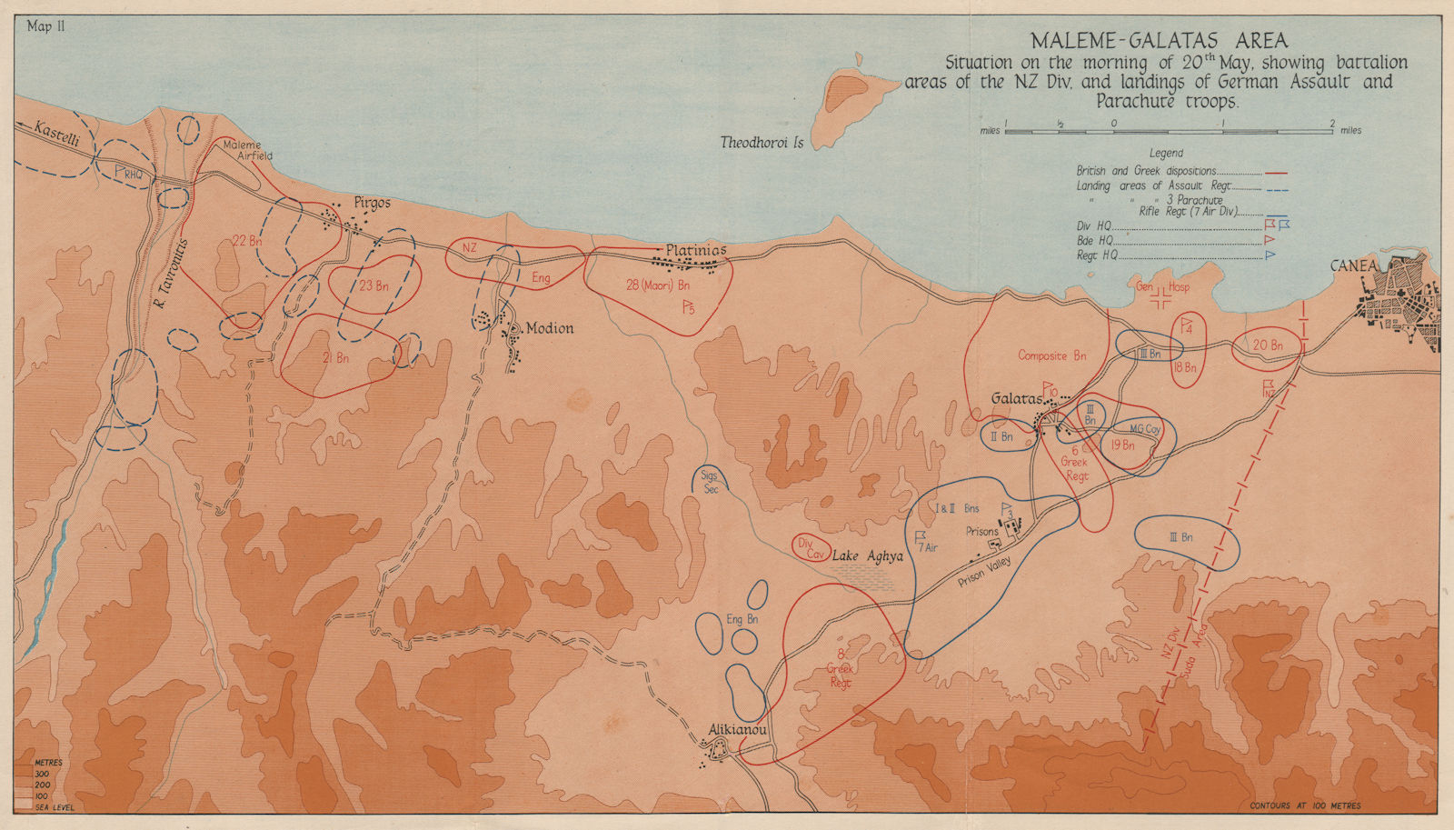 BATTLE OF CRETE 1941 Maleme-Galatas 20 May NZ German paratroopers 1956 old map