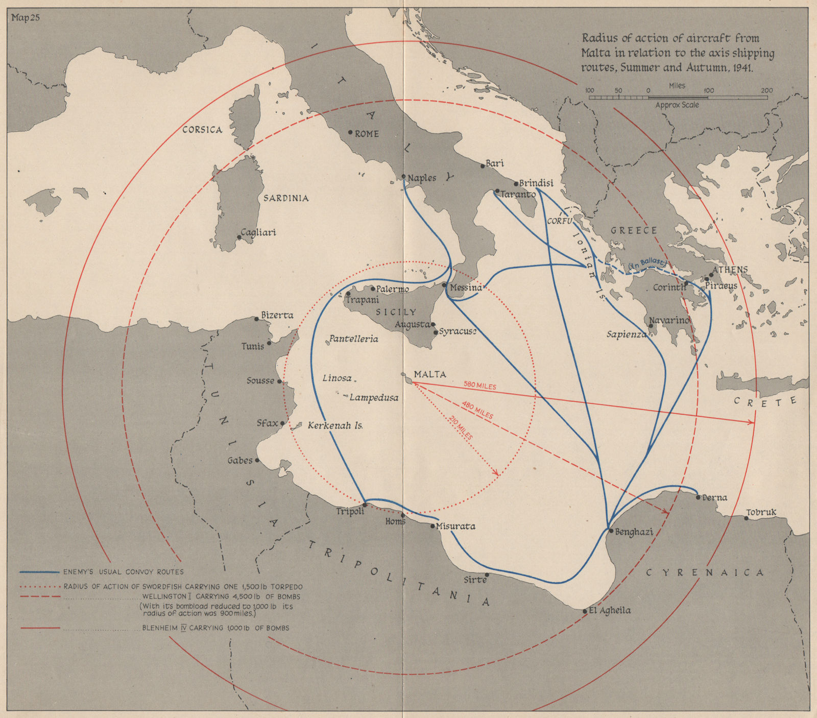 WW2 MALTA 1941. Range of aircraft from Malta. Axis shipping routes 1956 map