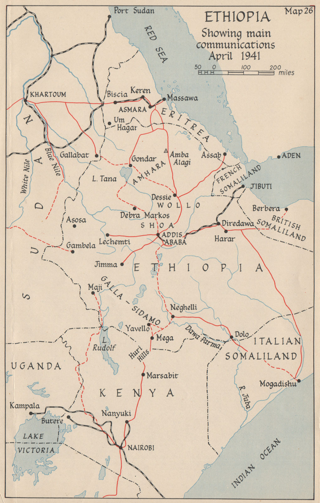 Associate Product WW2 EAST AFRICAN CAMPAIGN. Ethiopia main communications April 1941 1956 map