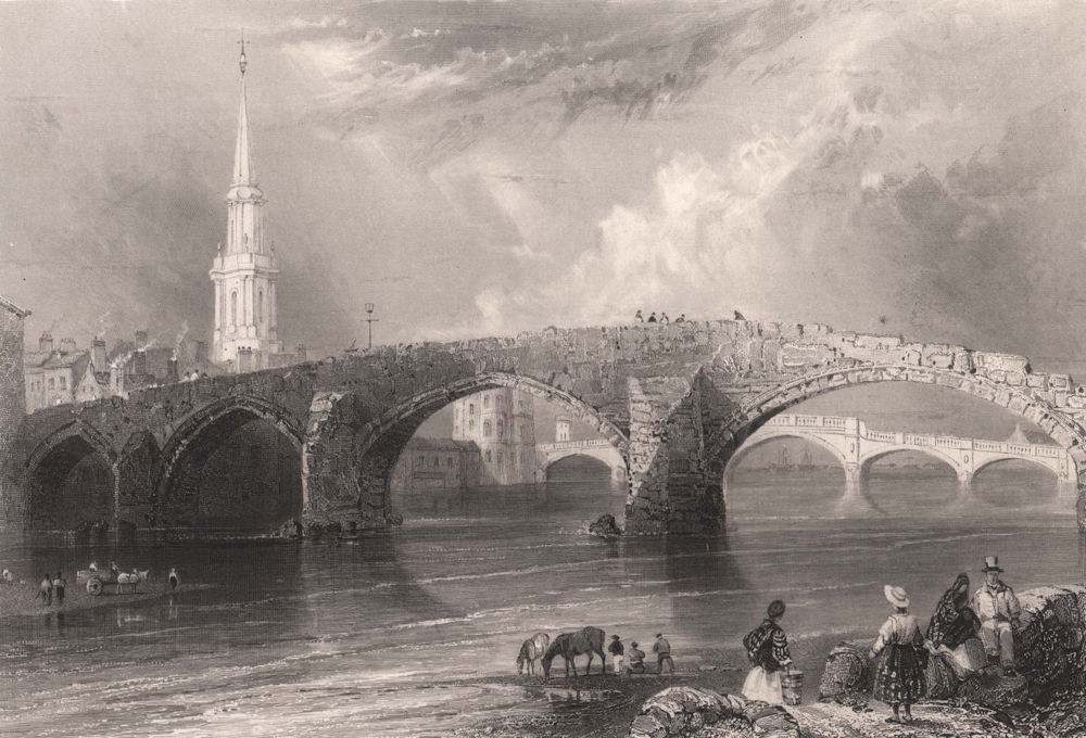 The Twa Brigs, Ayr; the old & new bridges. Ayrshire. Scotland. BARTLETT 1838