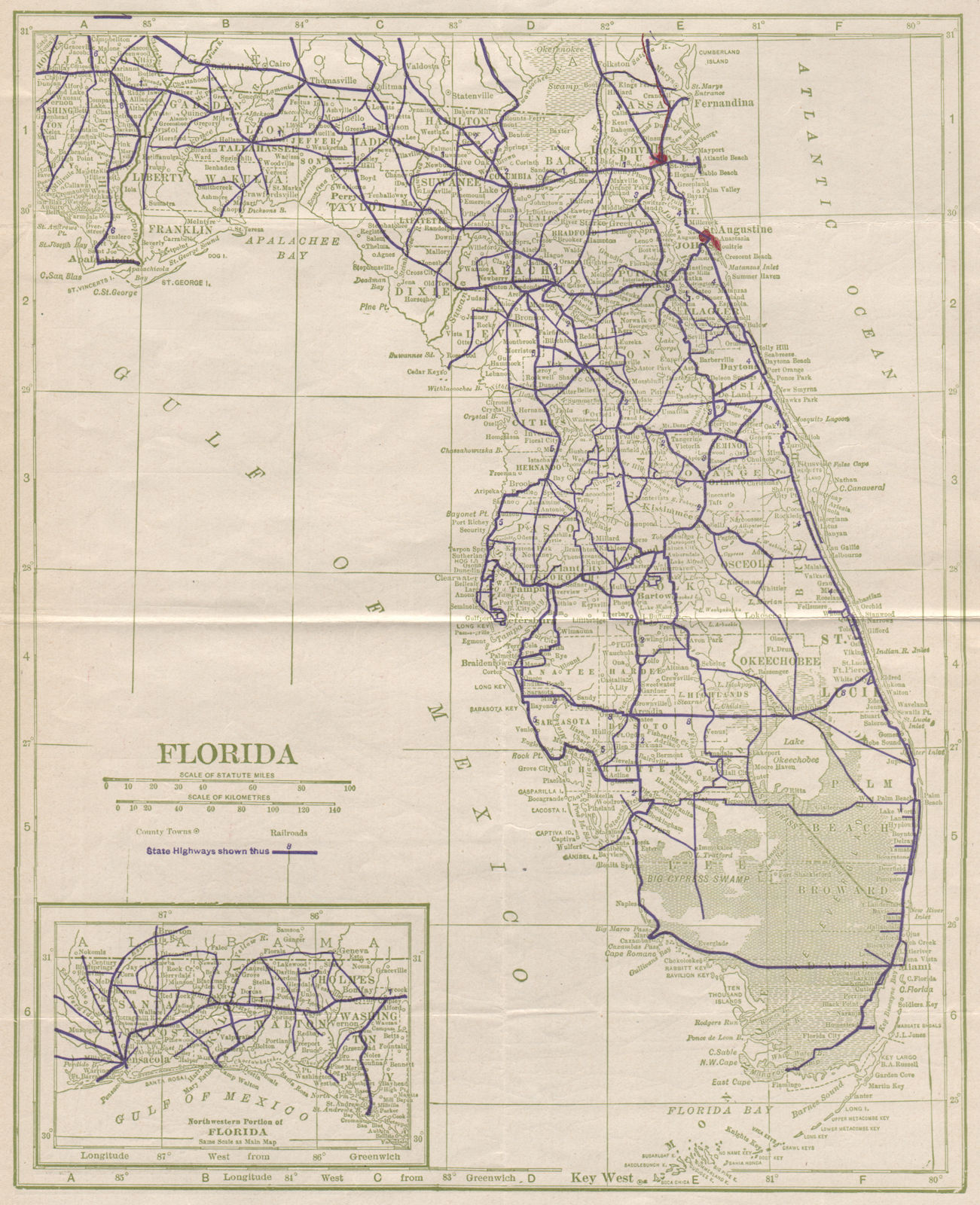 Florida State Highways. POATES 1925 old vintage map plan chart
