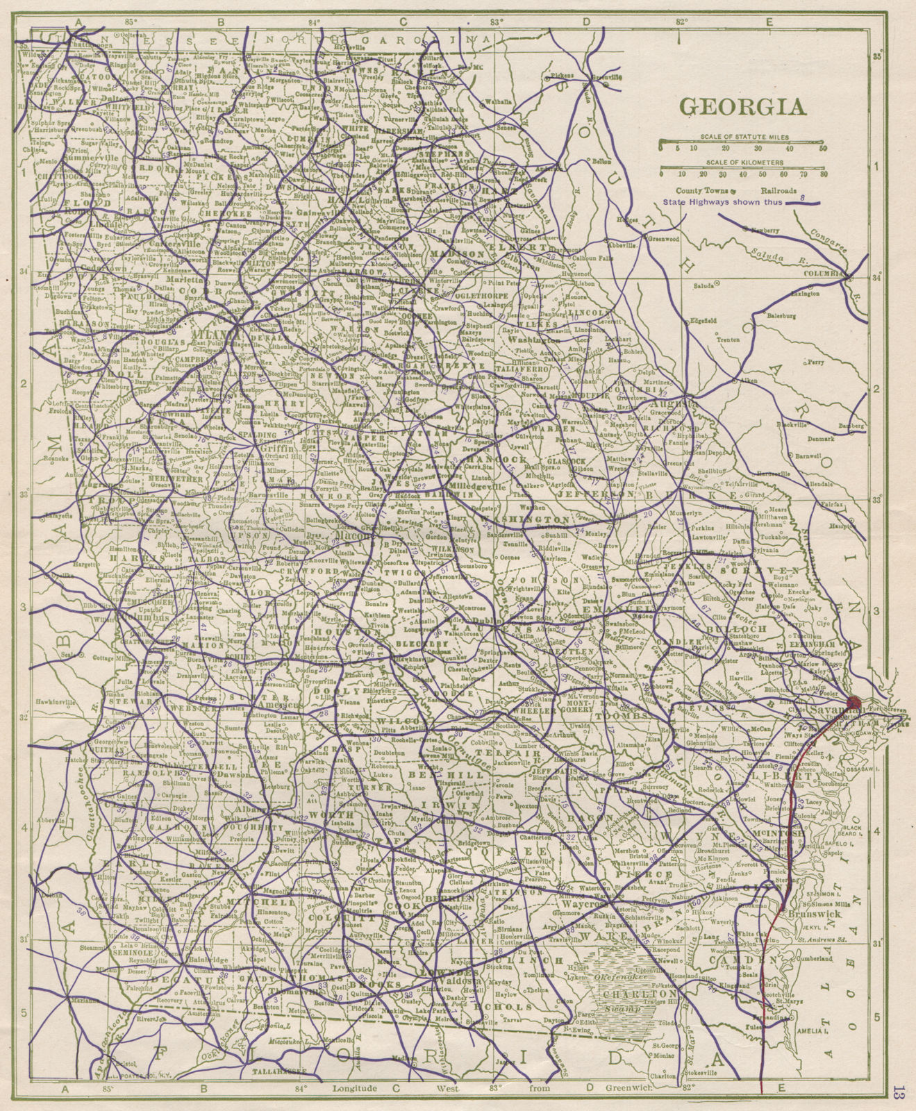 Georgia State Highways. POATES 1925 old vintage map plan chart