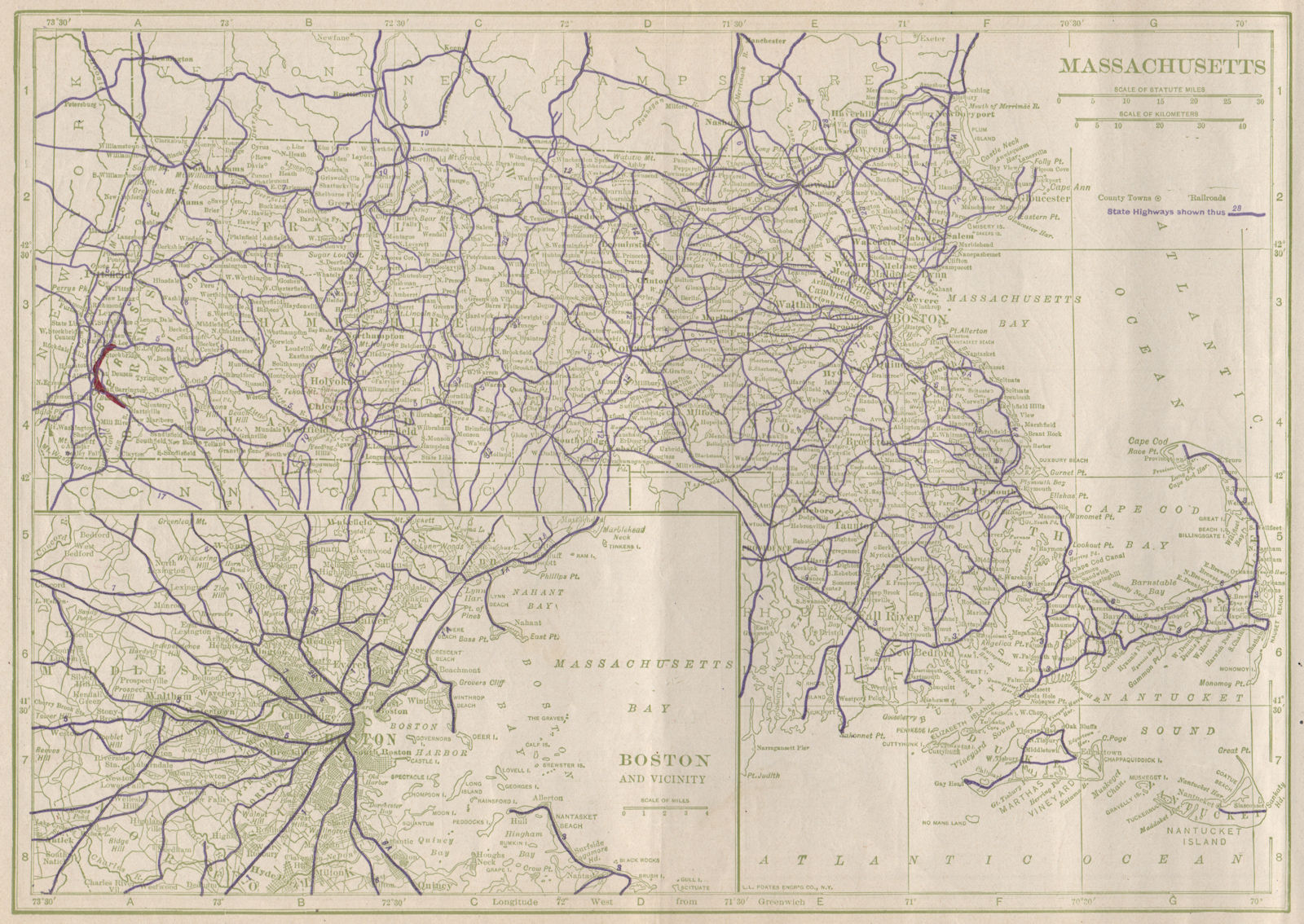Associate Product Massachusetts & Boston area State Highways. POATES 1925 old vintage map chart