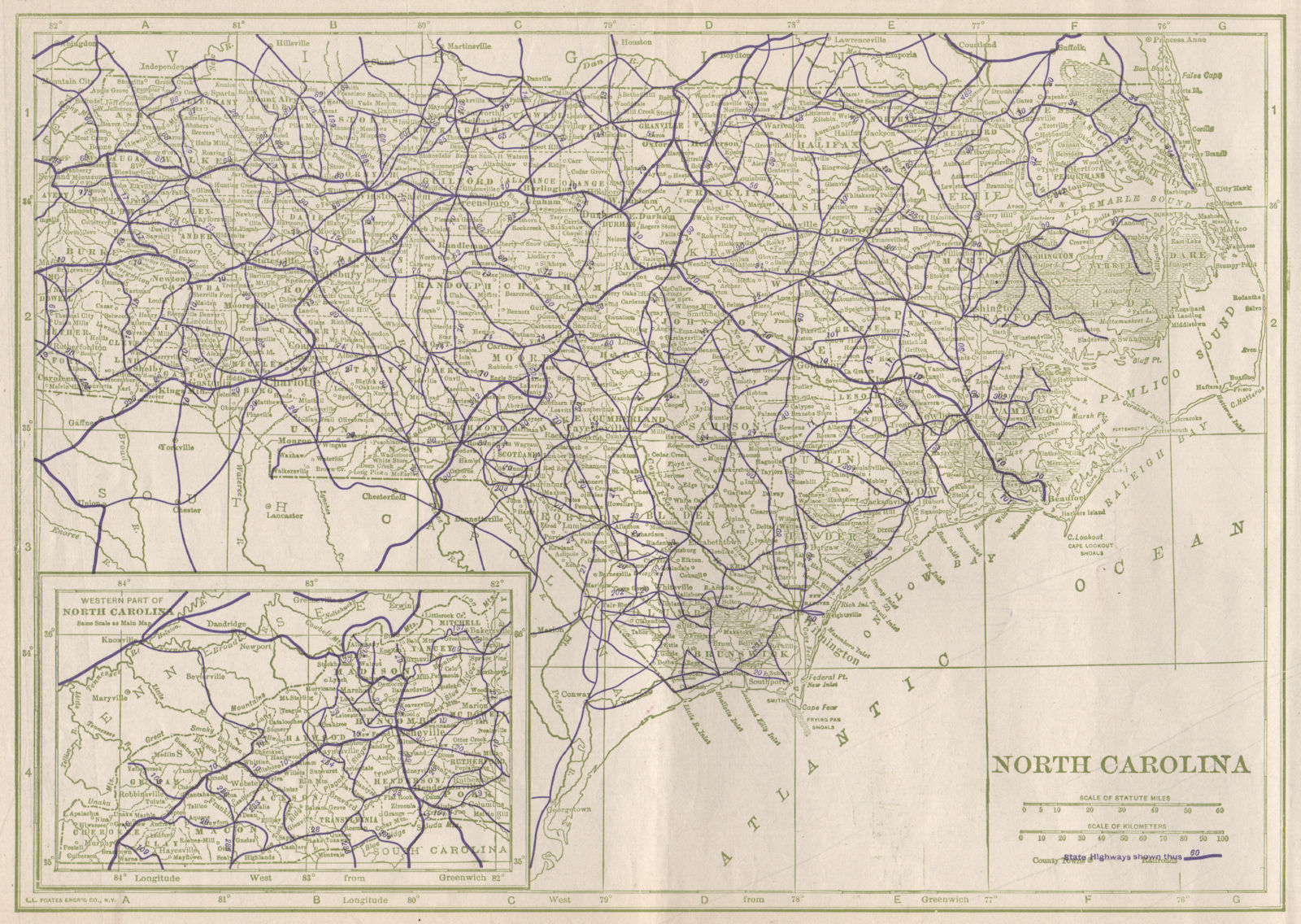 North Carolina State Highways. POATES 1925 old vintage map plan chart