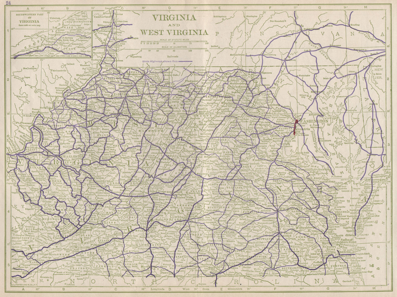 Virginia and West Virginia State Highways. POATES 1925 old vintage map chart