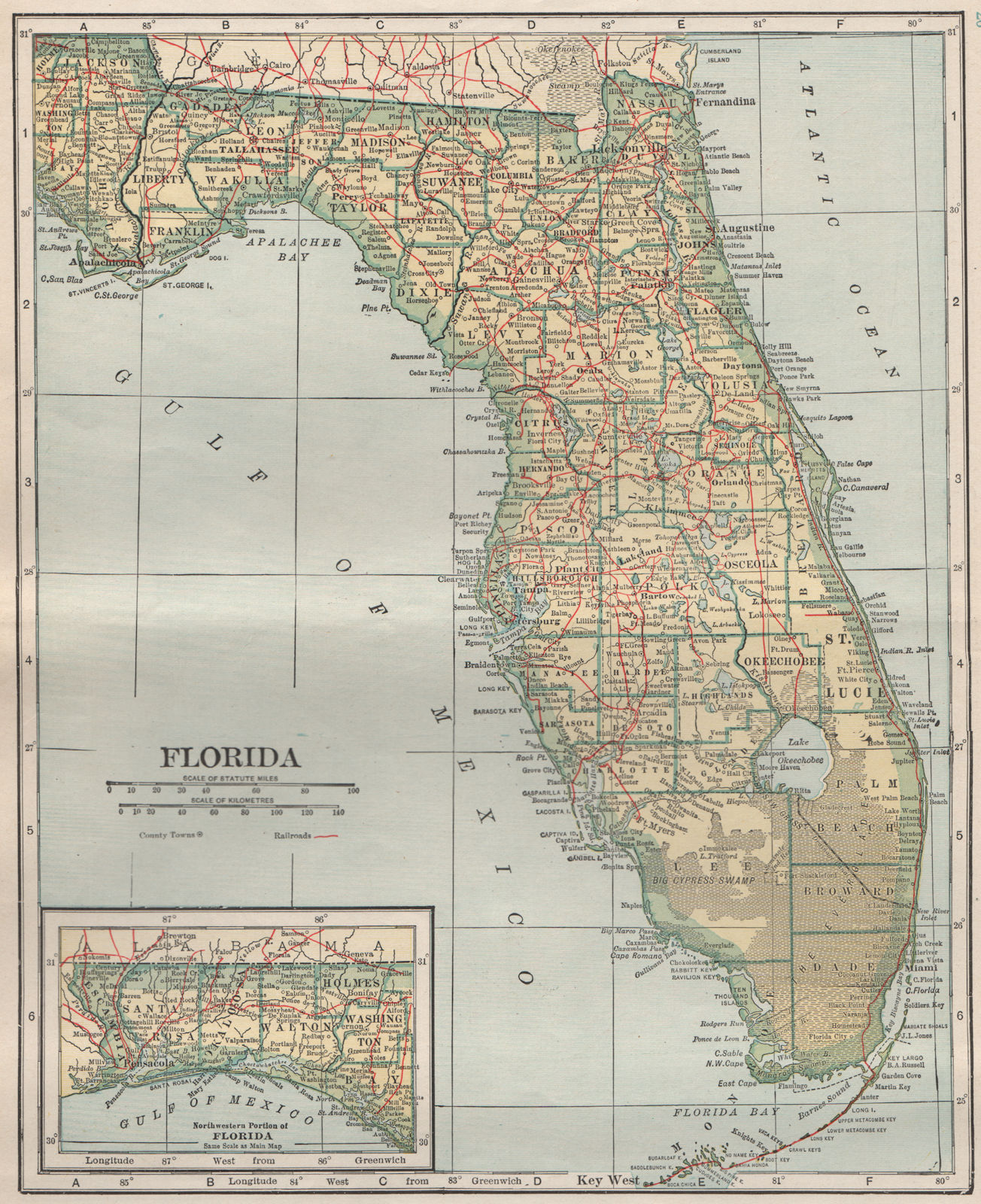 Florida state map showing railroads. POATES 1925 old vintage plan chart