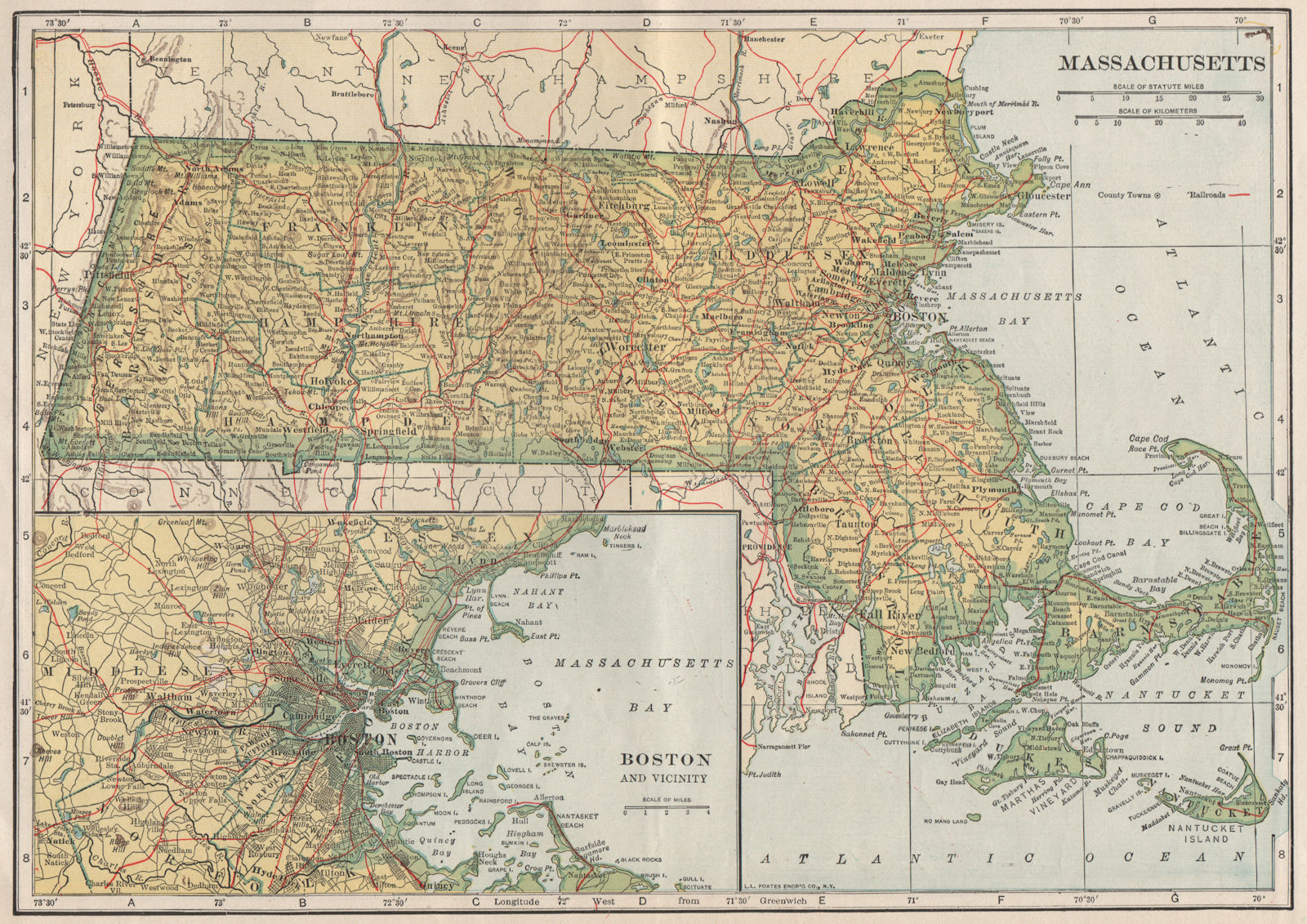 Massachusetts & Boston area state map showing railroads. POATES 1925 old