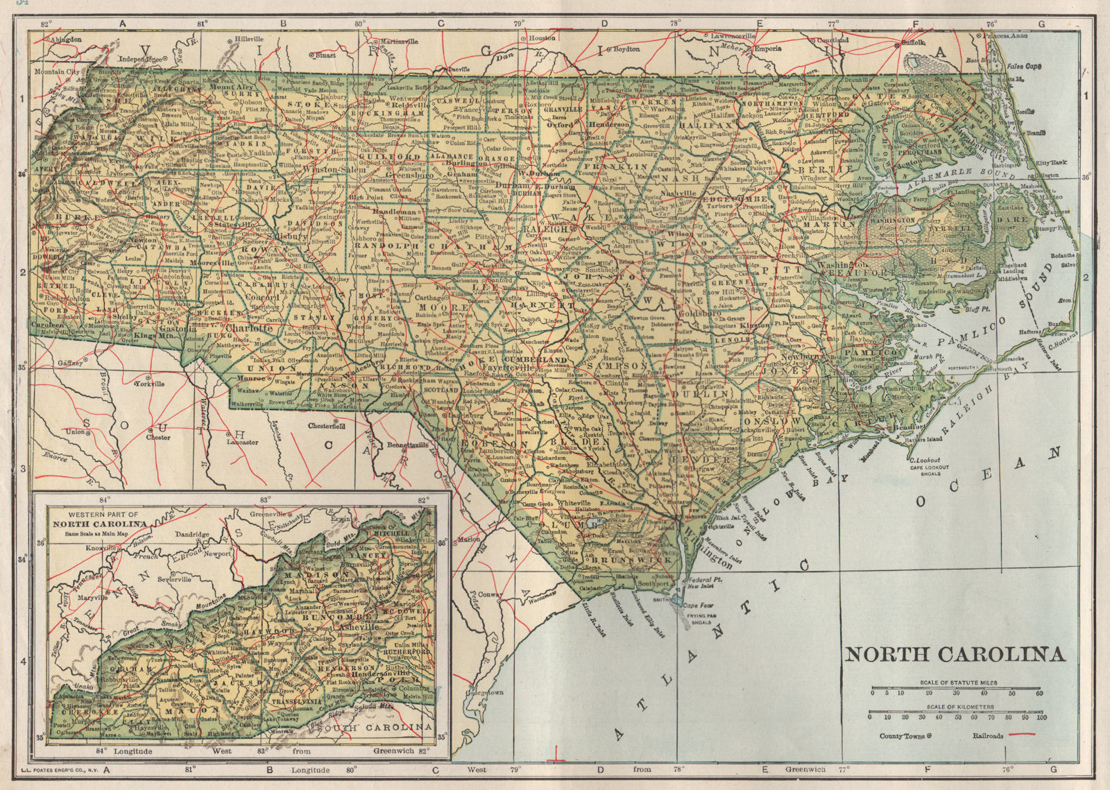 North Carolina state map showing railroads. POATES 1925 old vintage chart