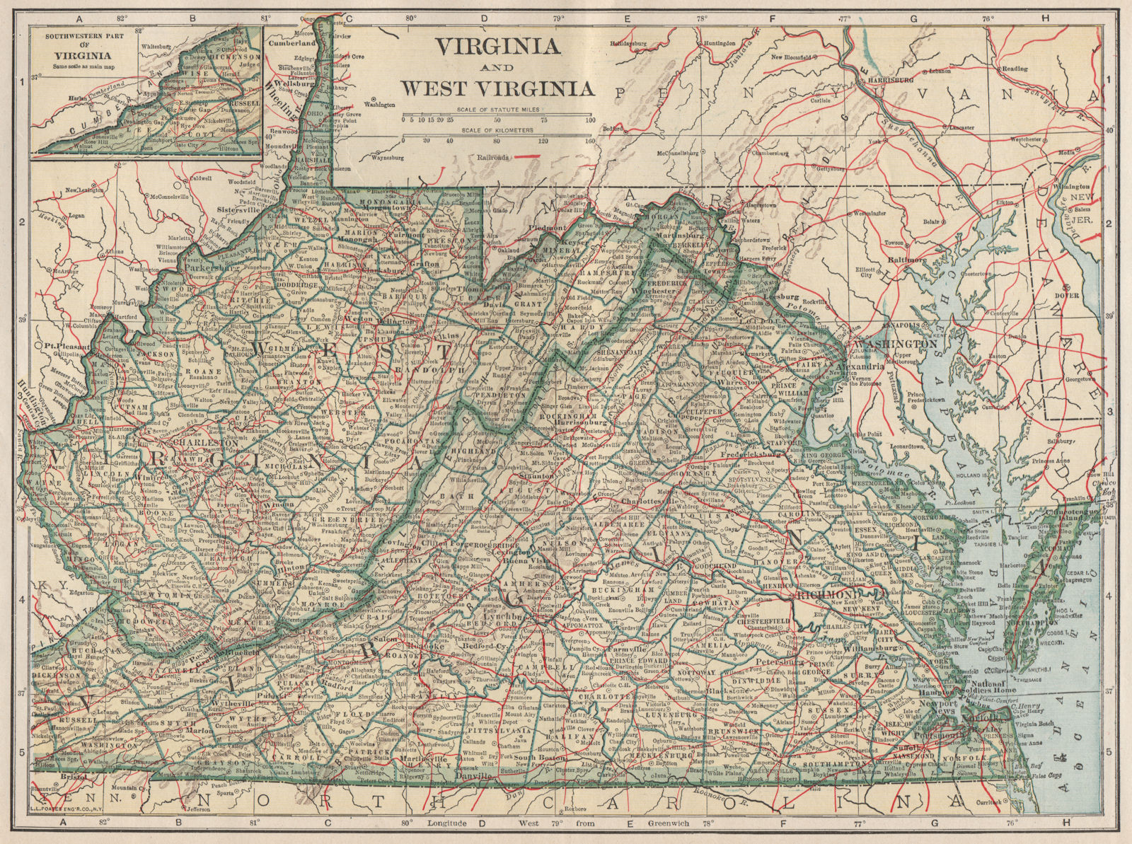 Associate Product Virginia and West Virginia state map showing railroads. POATES 1925 old