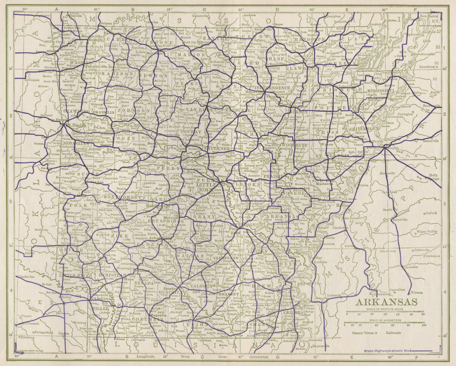 Arkansas State Highways. POATES 1925 old vintage map plan chart