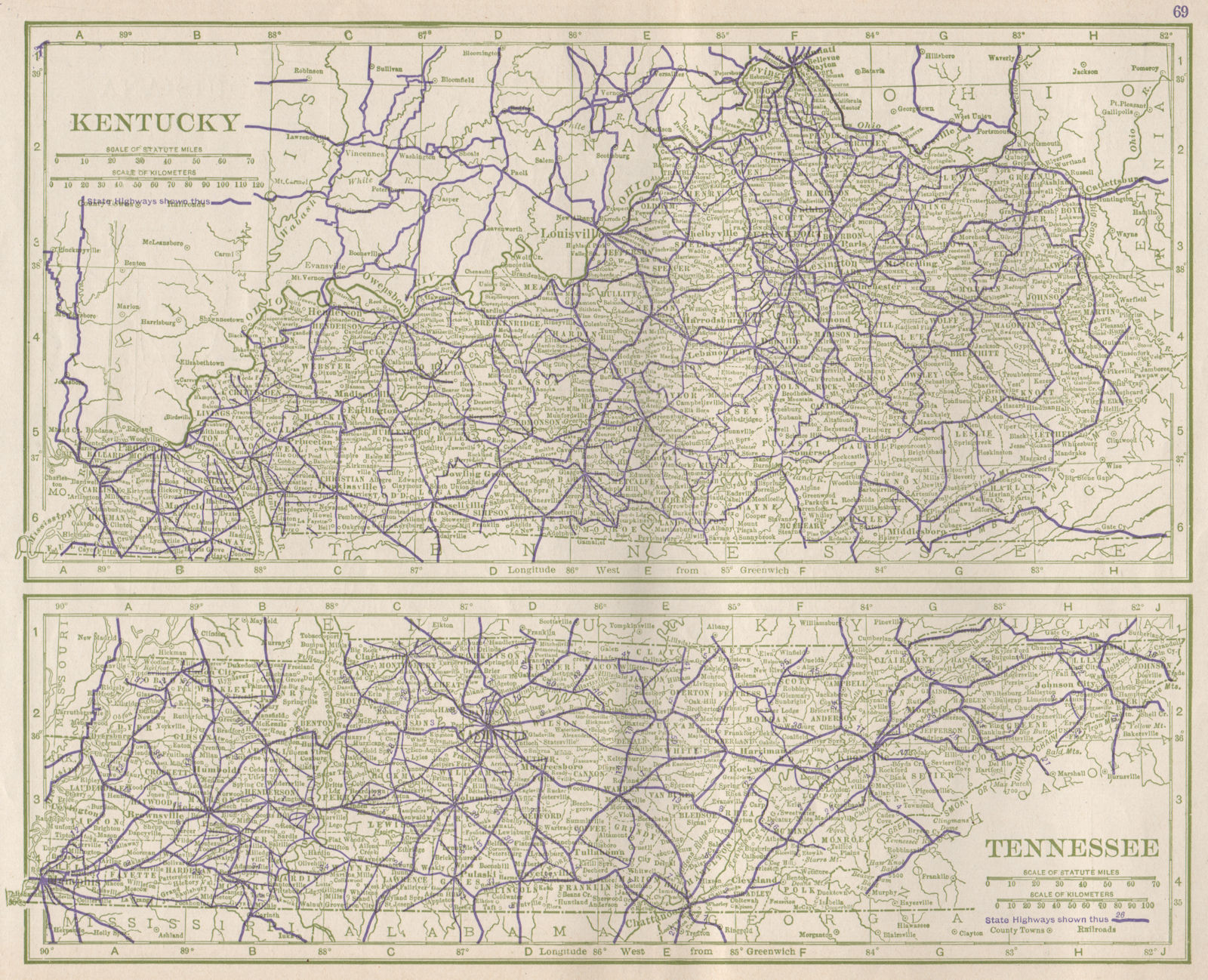 Kentucky & Tennessee State Highways. POATES 1925 old vintage map plan chart