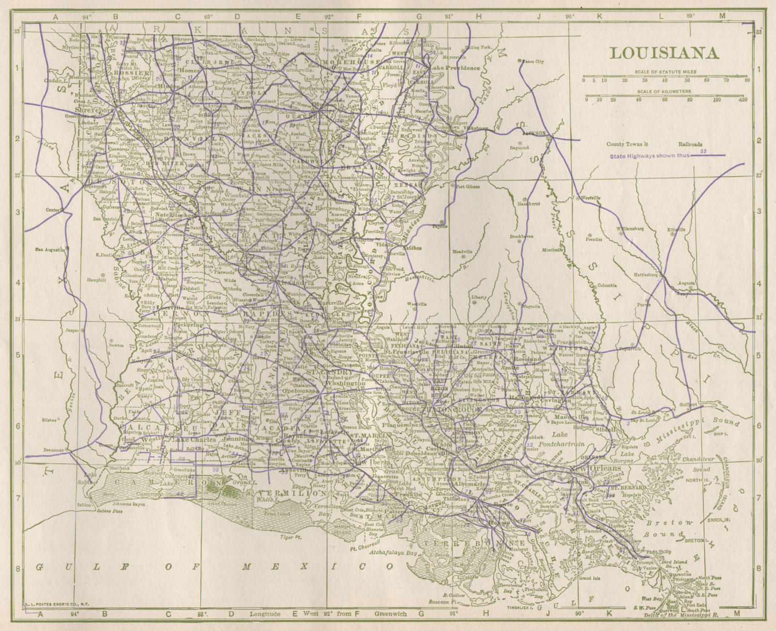 Louisiana State Highways. POATES 1925 old vintage map plan chart