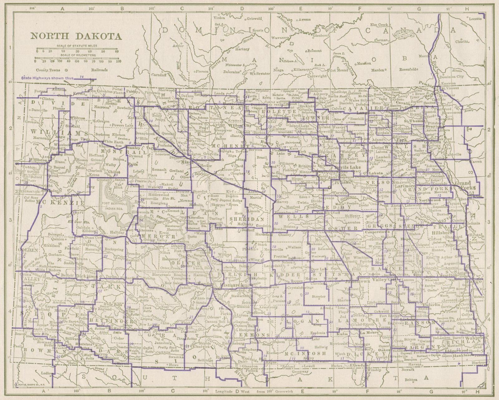 North Dakota State Highways. POATES 1925 old vintage map plan chart