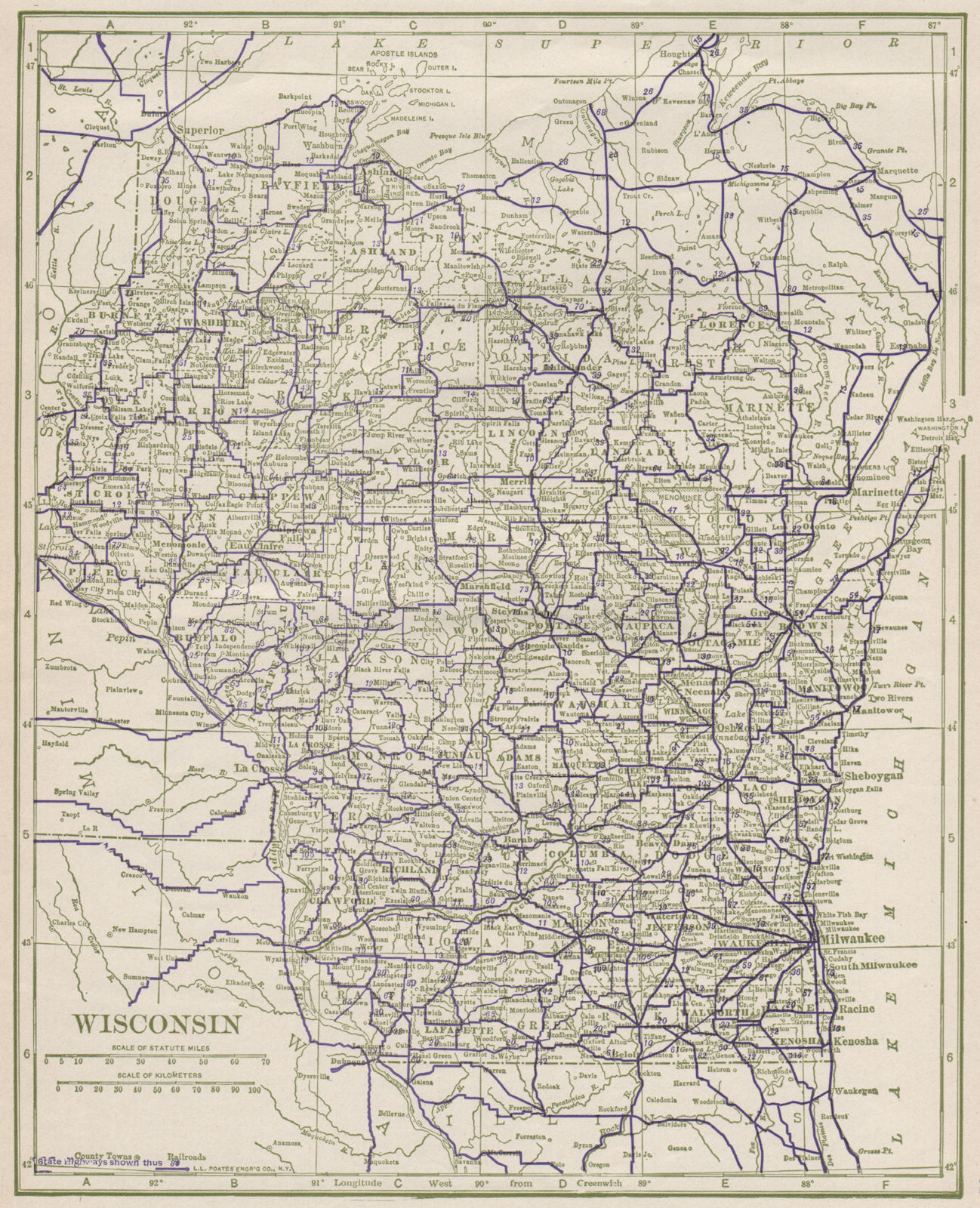Wisconsin State Highways. POATES 1925 old vintage map plan chart