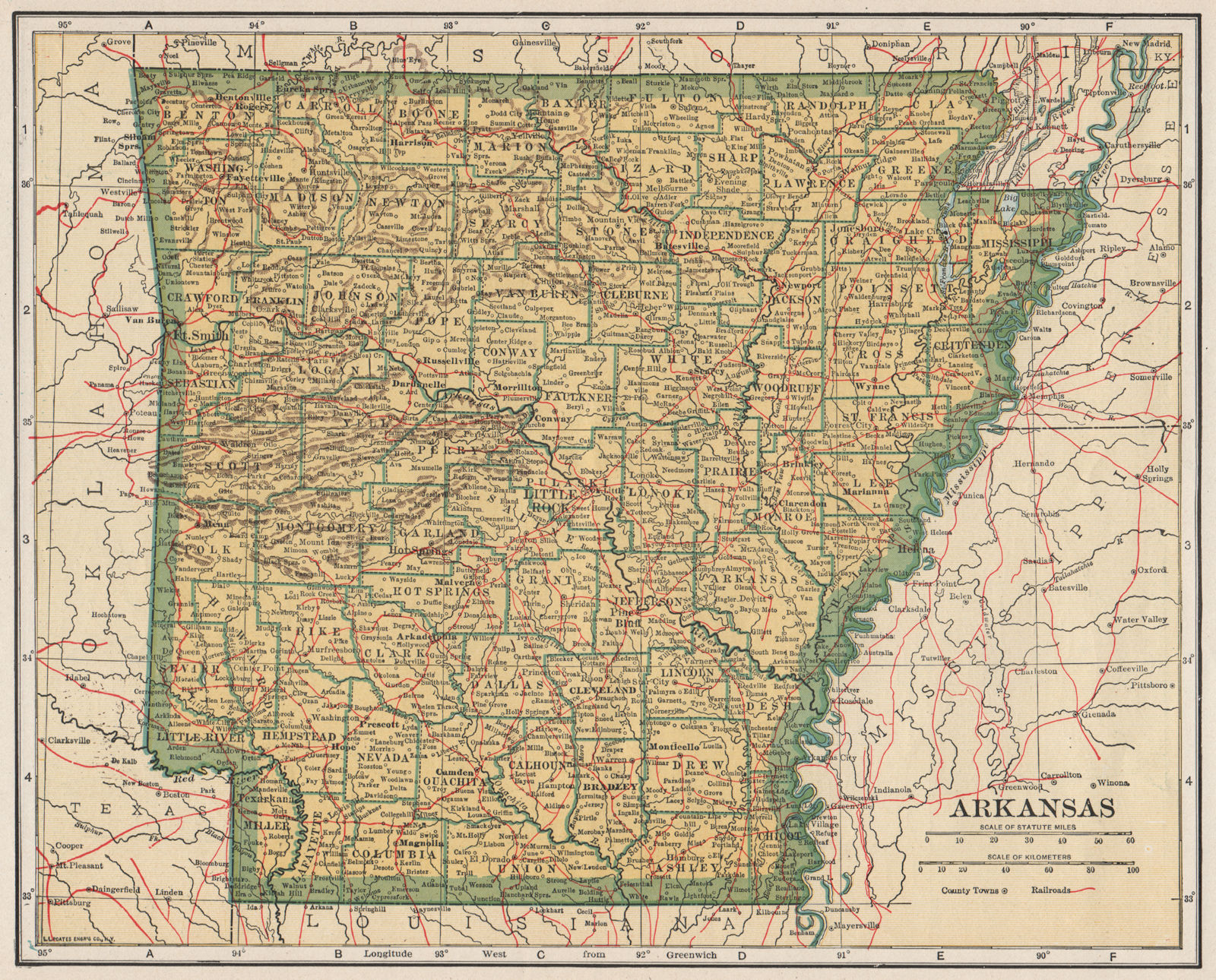 Arkansas state map showing railroads. POATES 1925 old vintage plan chart