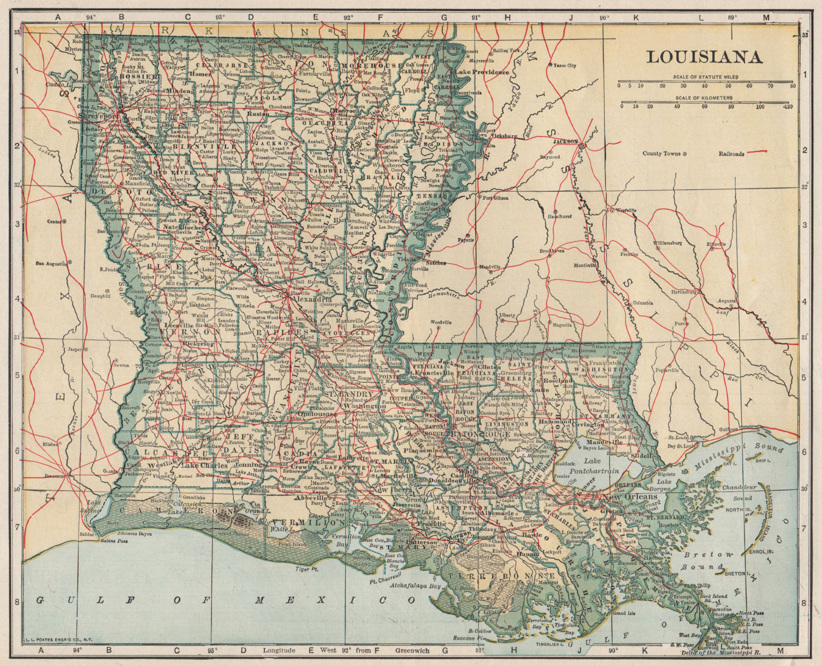 Louisiana state map showing railroads. POATES 1925 old vintage plan chart