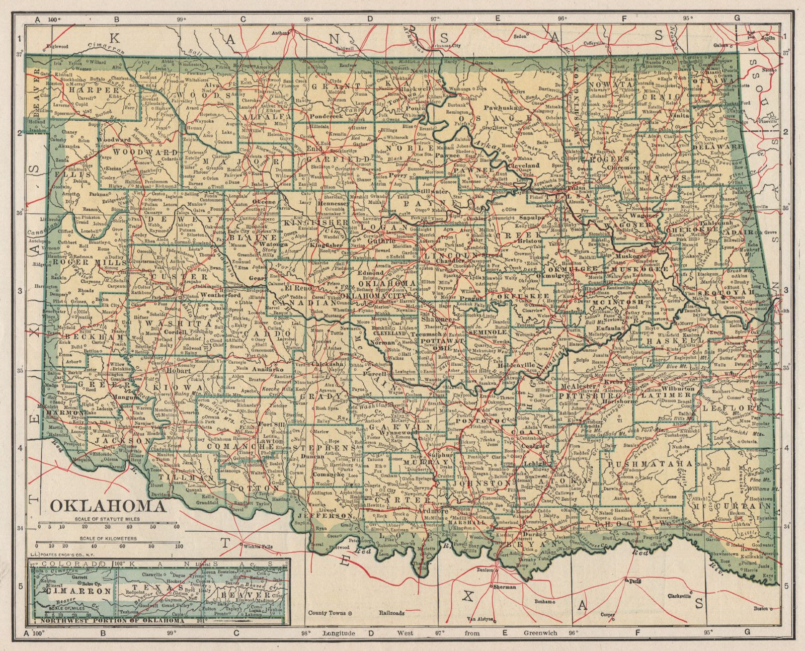 Oklahoma state map showing railroads. POATES 1925 old vintage plan chart