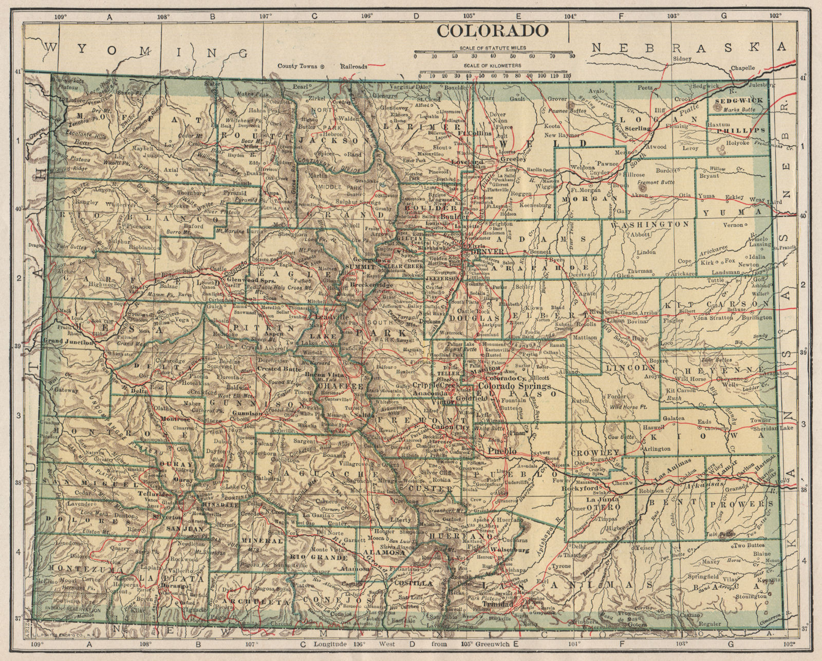 Colorado state map showing railroads. POATES 1925 old vintage plan chart