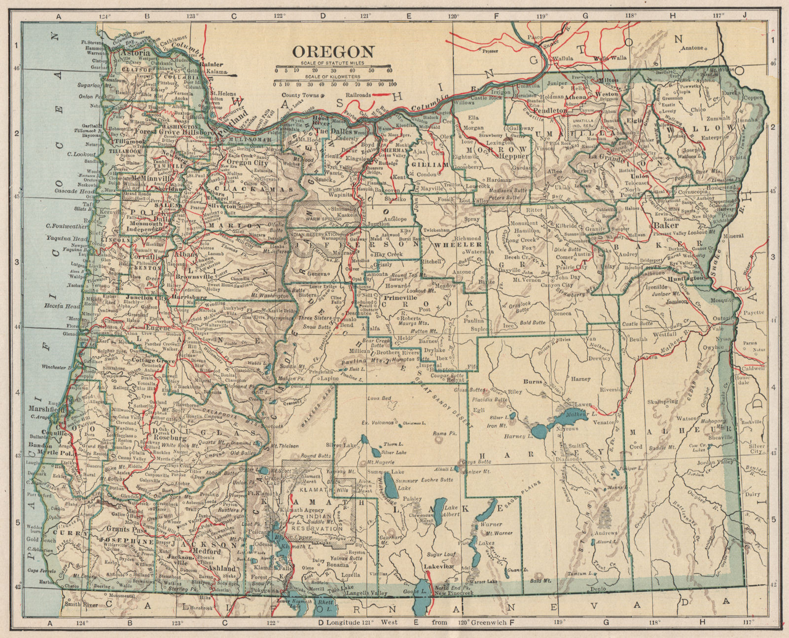 Oregon state map showing railroads. POATES 1925 old vintage plan chart