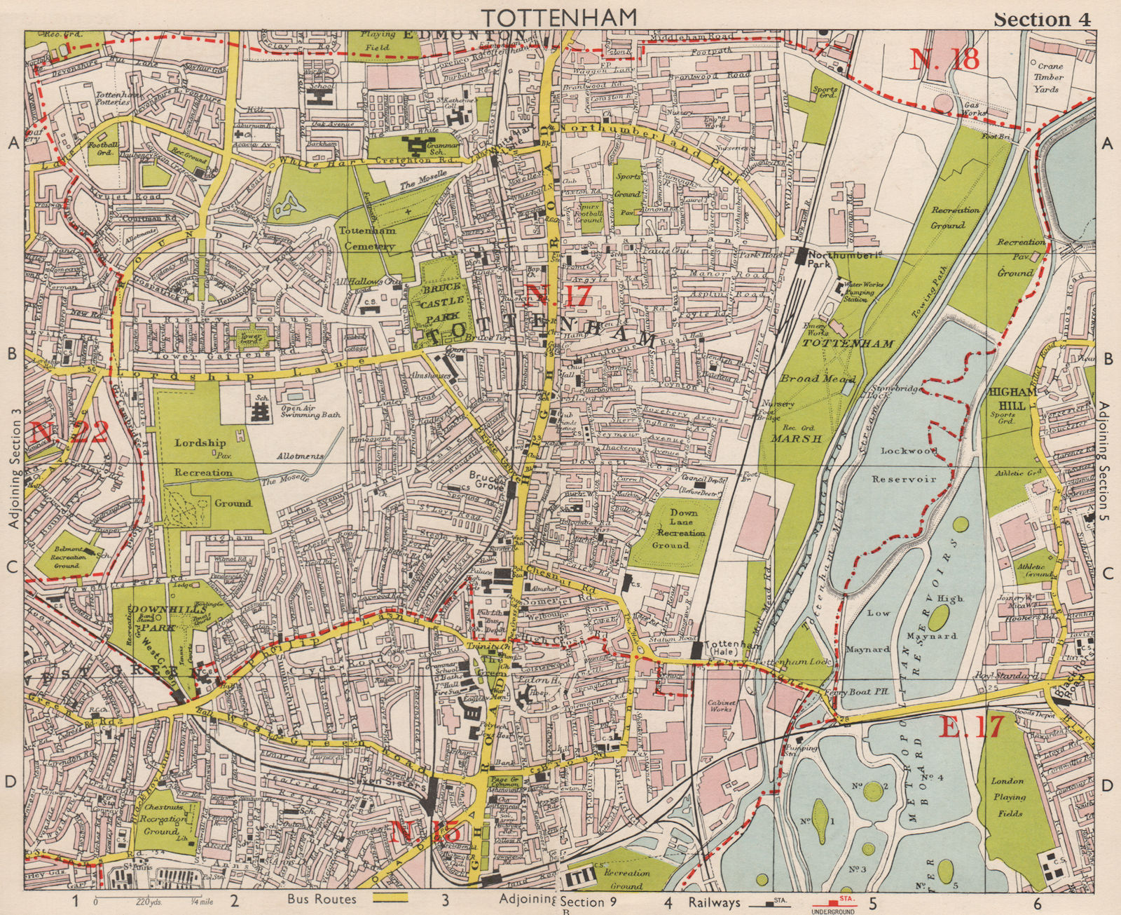 N LONDON Tottenham Edmonton Seven Sisters Higham Hill West Green.BACON 1959 map