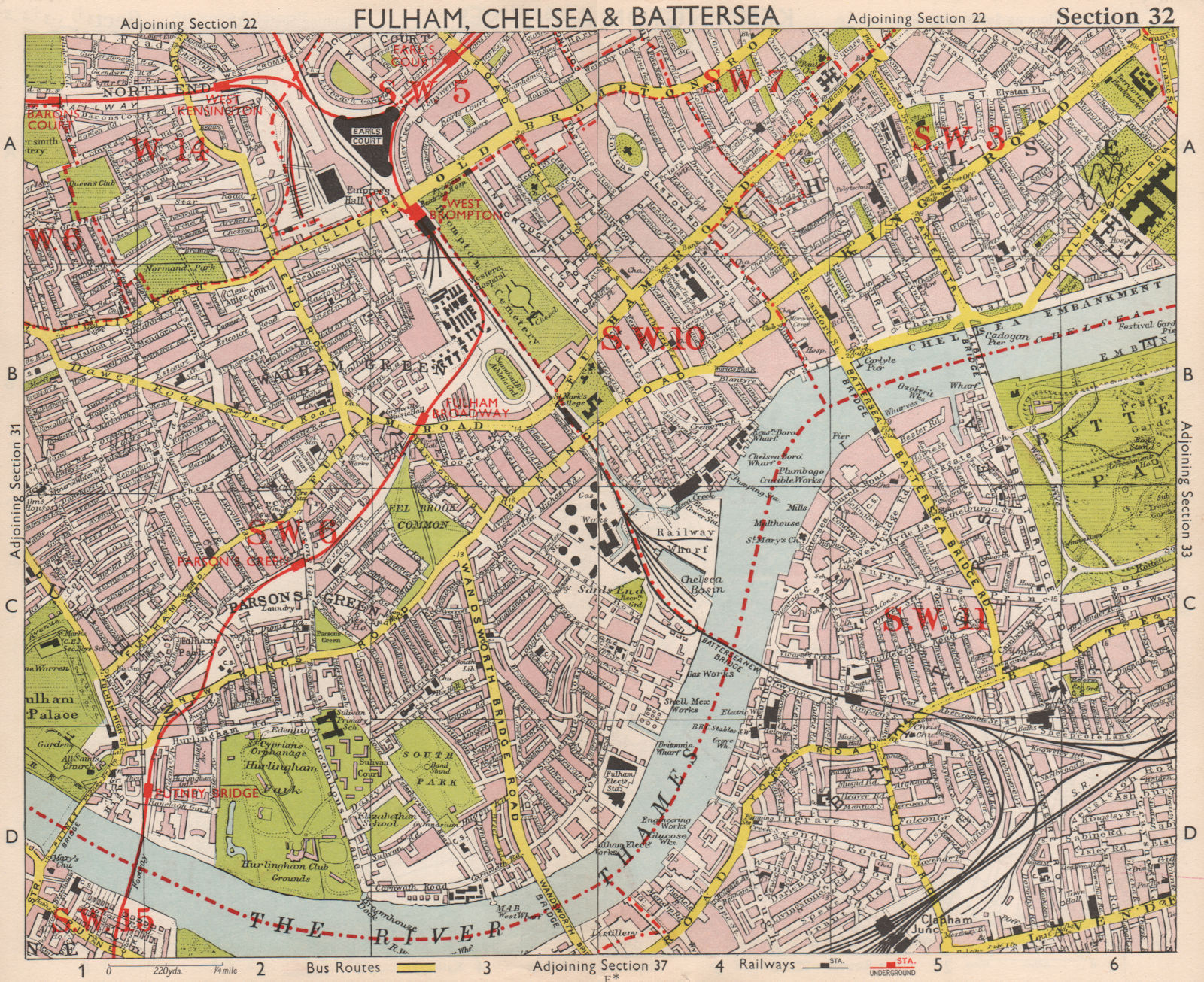 SW LONDON. Fulham Chelsea Battersea Walham/Parson's Green. BACON 1959 old map