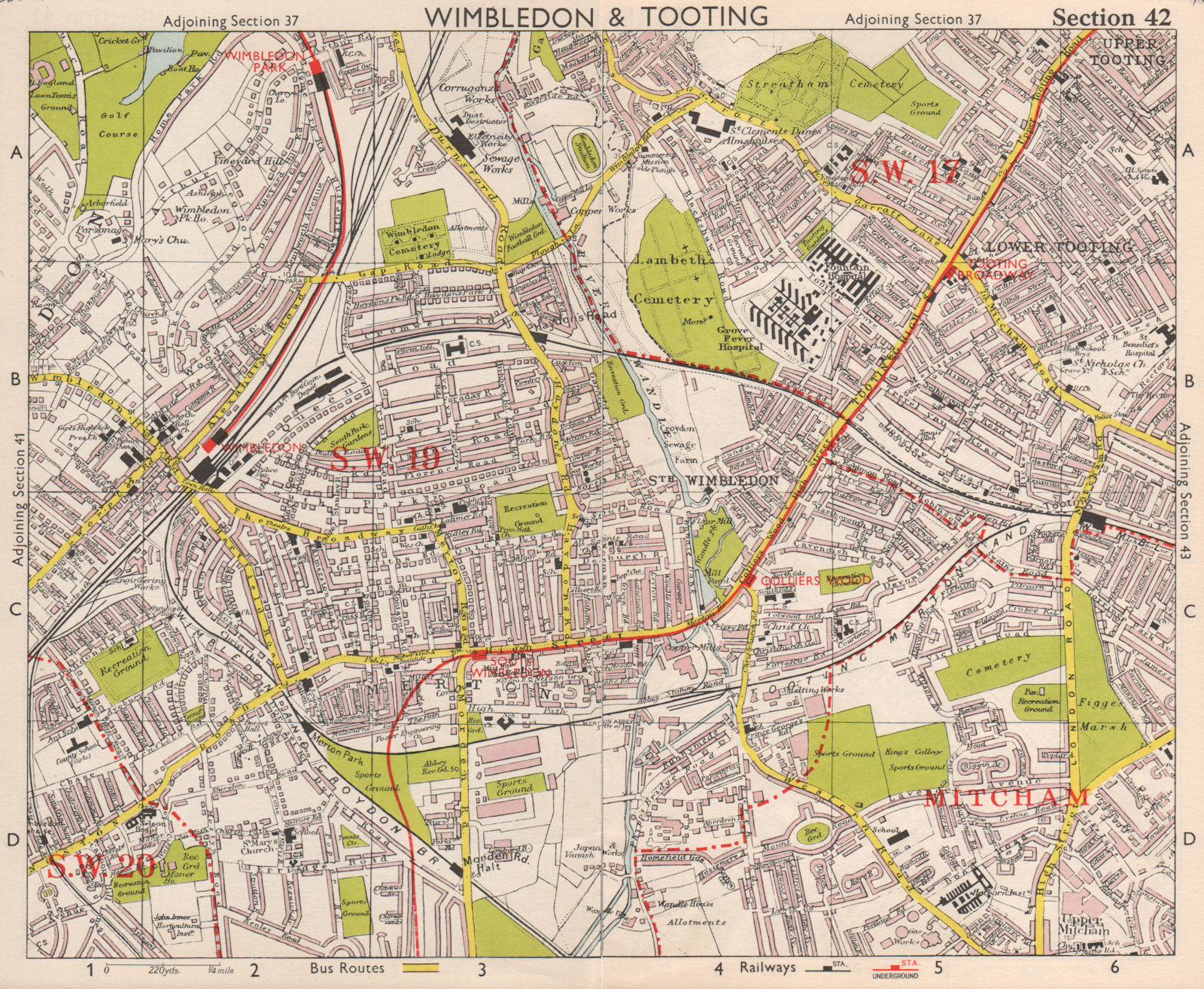 Associate Product SW LONDON. Wimbledon Tooting Merton Morden Upper Mitcham. BACON 1959 old map