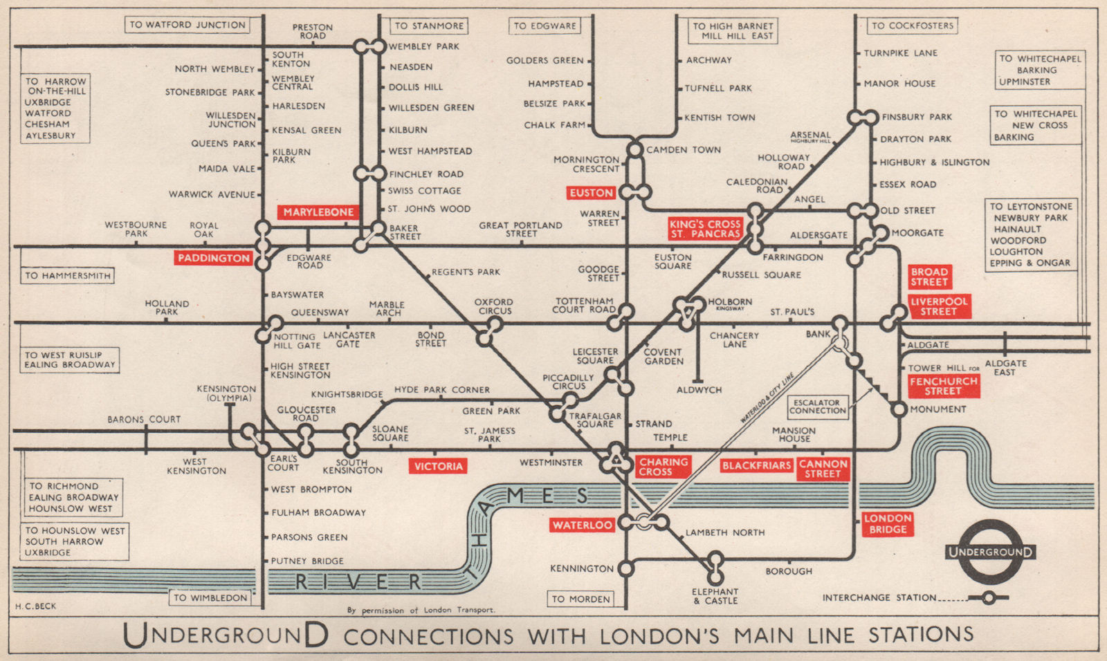 LONDON UNDERGROUND. Main Line rail connections. Pre-Victoria Line. BECK 1959 map