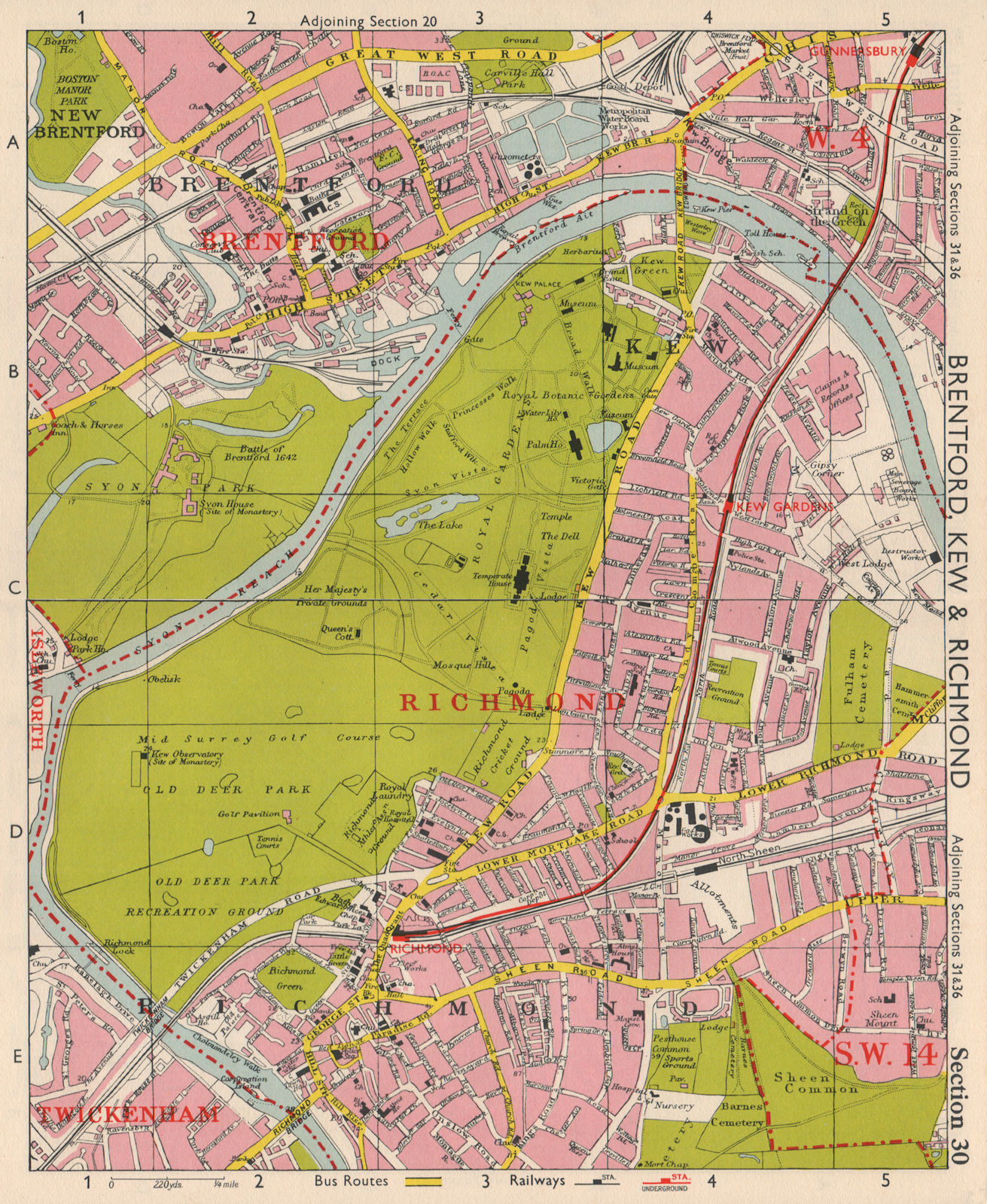 SW LONDON. Brentford Kew gardens Richmond Sheen Chiswick. BACON 1963 old map